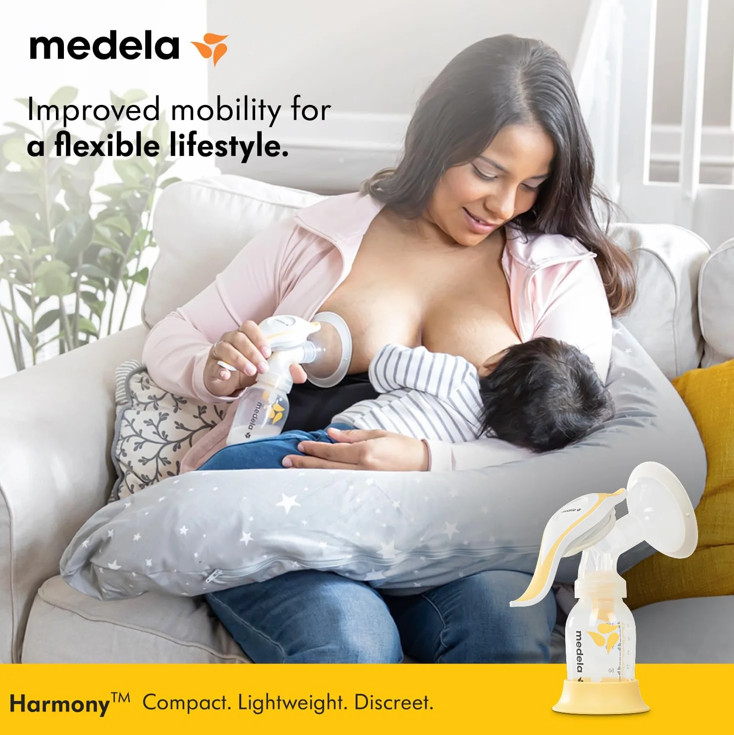 Medela Harmony Manual Breast Pump - Compact Swiss design featuring PersonalFit Flex shields and Medela 2-Phase Expression technology