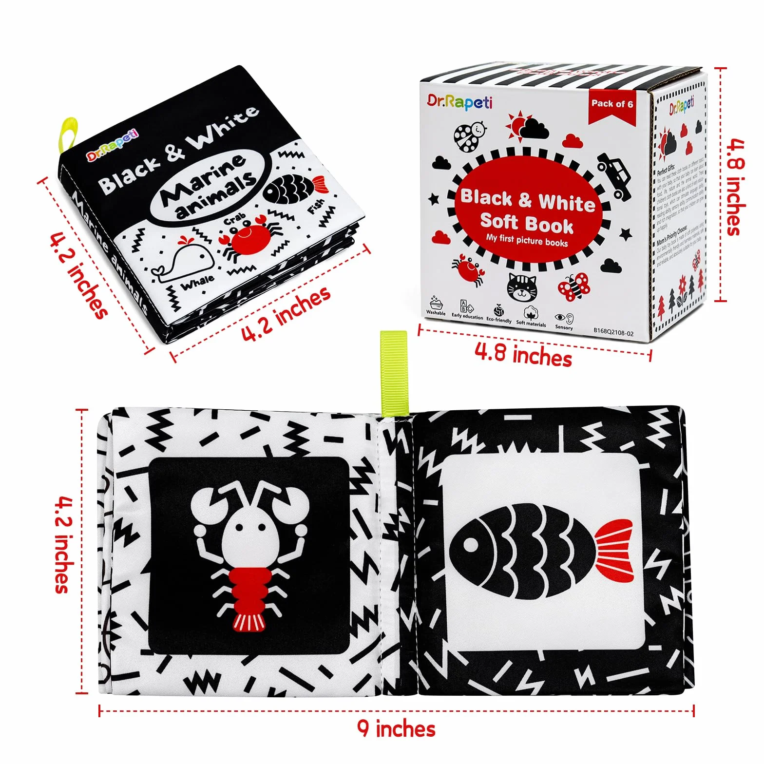 Dr.Rapeti 6 Pack Soft Baby Cloth Book Sensory Bath Crinkle Black White High Contrast Washable Nontoxic Educational Toy