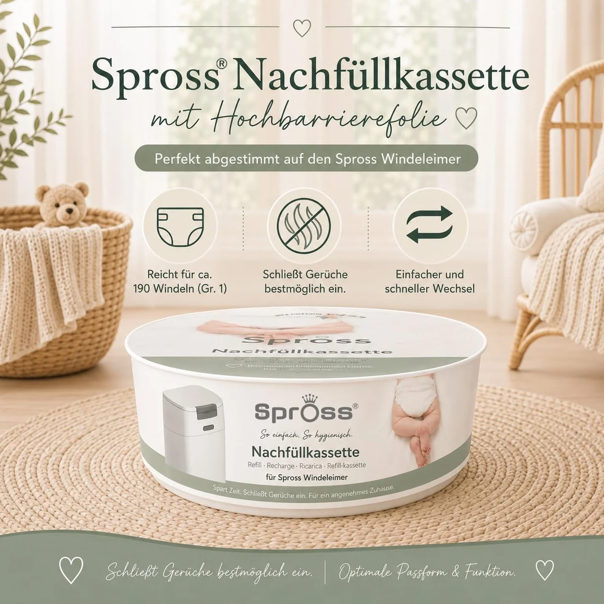 Spross Kosz na pieluchy dla niemowląt z kasetą uzupełniającą – nieprzepuszczający zapachów system z obsługą jedną ręką, biało-szary