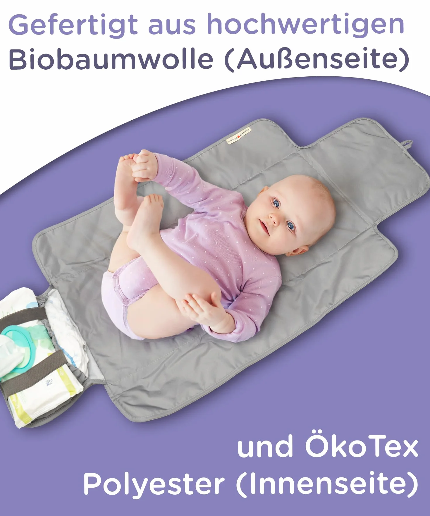 Jubi® Przewijak Podróżny – Mata do przewijania z bawełny organicznej i poliestru Öko-Tex – składana, kompaktowa (Grey)