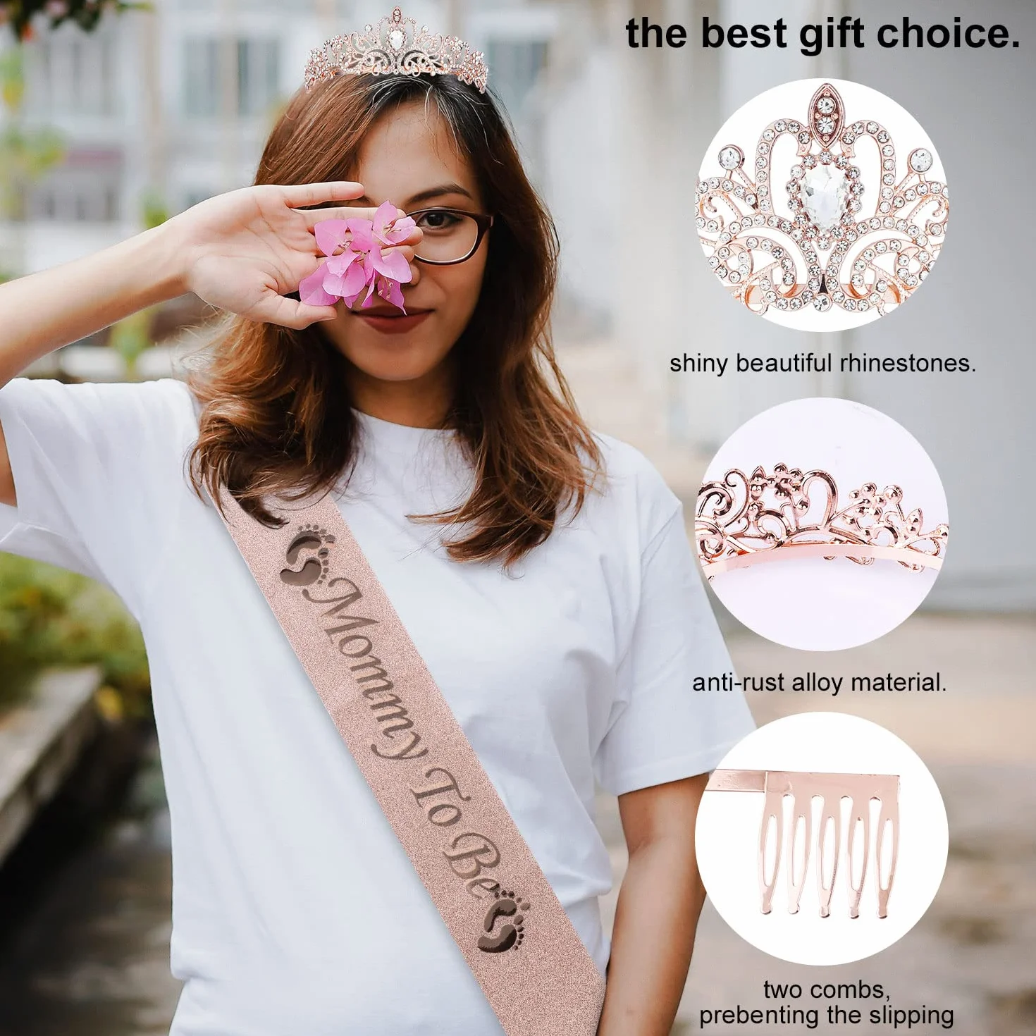 SAVITA Mom To Be Baby Shower Decorations, Mom To Be Sash Mom To Be Crown Mom To Be Sash Tiara dla Chlopców i Dziewczynek (Rózowe zloto)