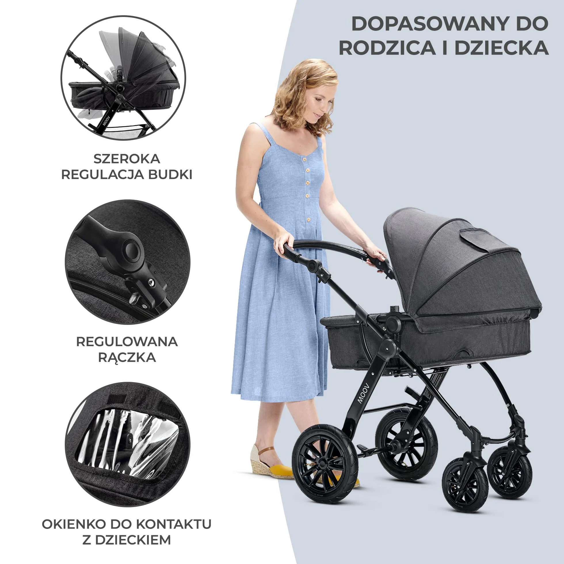 Kinderkraft MOOV 3w1 Wielofunkcyjny Wózek Dziecięcy Spacerówka Travel System Fotelik Samochodowy 22 kg Szary