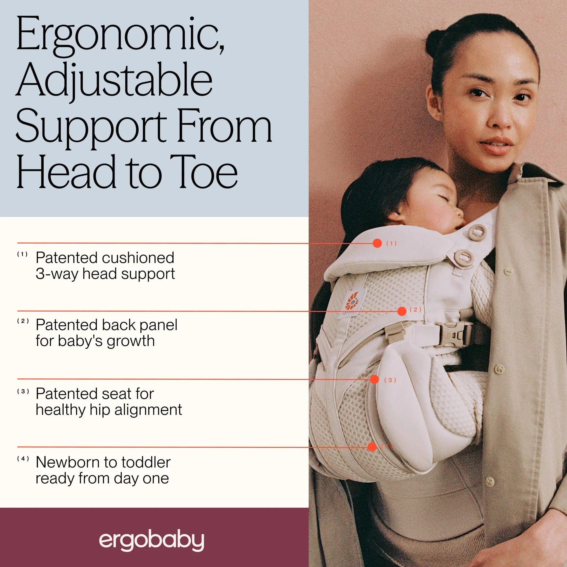 Ergobaby Nosidełko, 4-pozycyjna siatka Omni 360 Cool Air Mesh dla noworodka i malucha (0-4 lat), ergonomiczny nosidełko i plecak dla dziecka, Midnight Blue