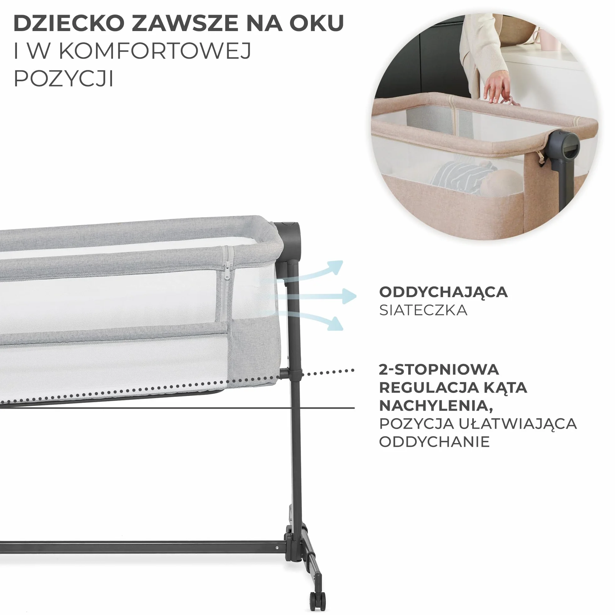 Kinderkraft NESTE UP2 Łóżeczko dostawne turystyczne dziecięce, regulacja wysokości i kąta nachylenia, materac i prześcieradło, do 9 kg, Szary