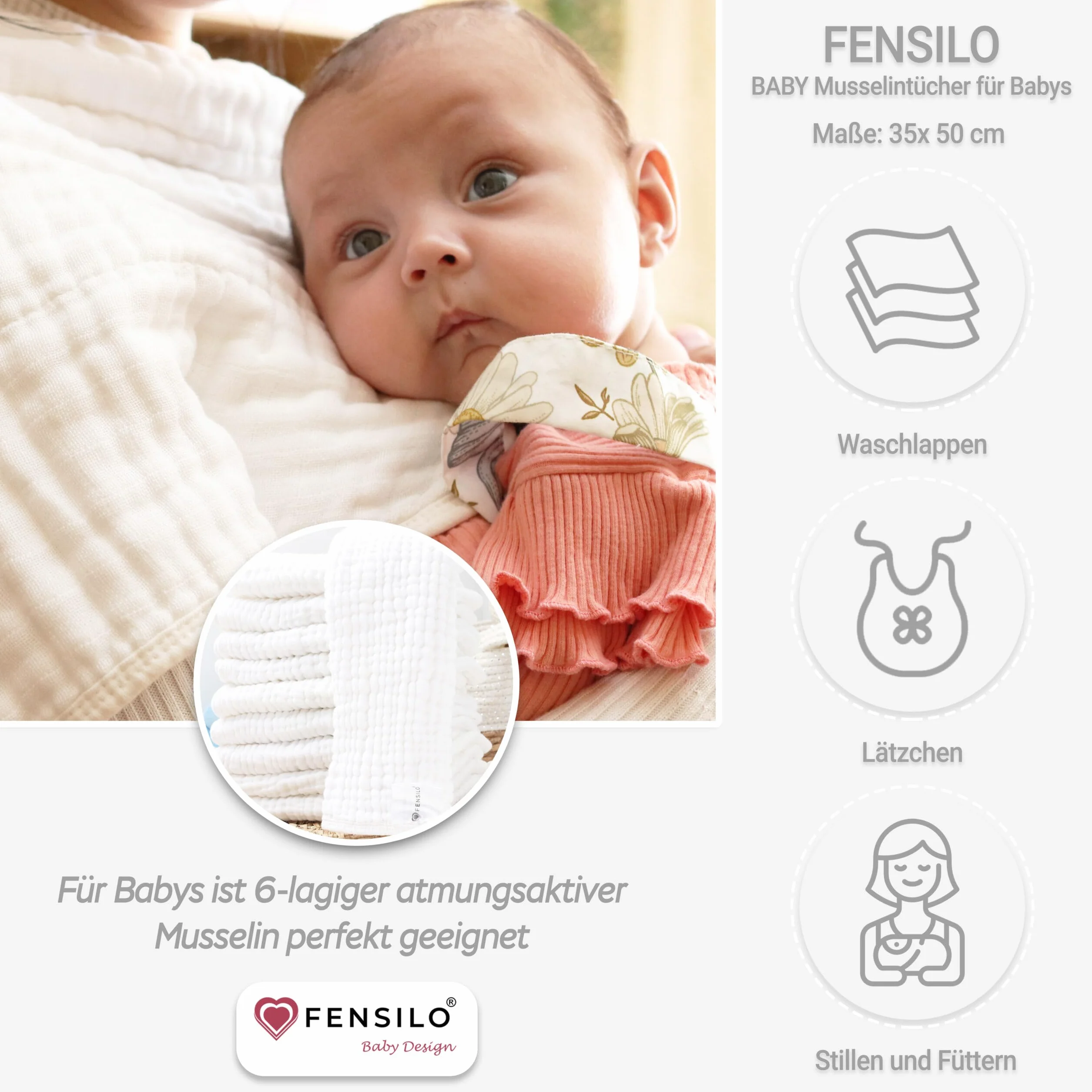 FENSILO Bawełniana chusta szyfonowa dla niemowląt - Zestaw 10-50 x 35 cm - Super miękka i przyjemna - biała