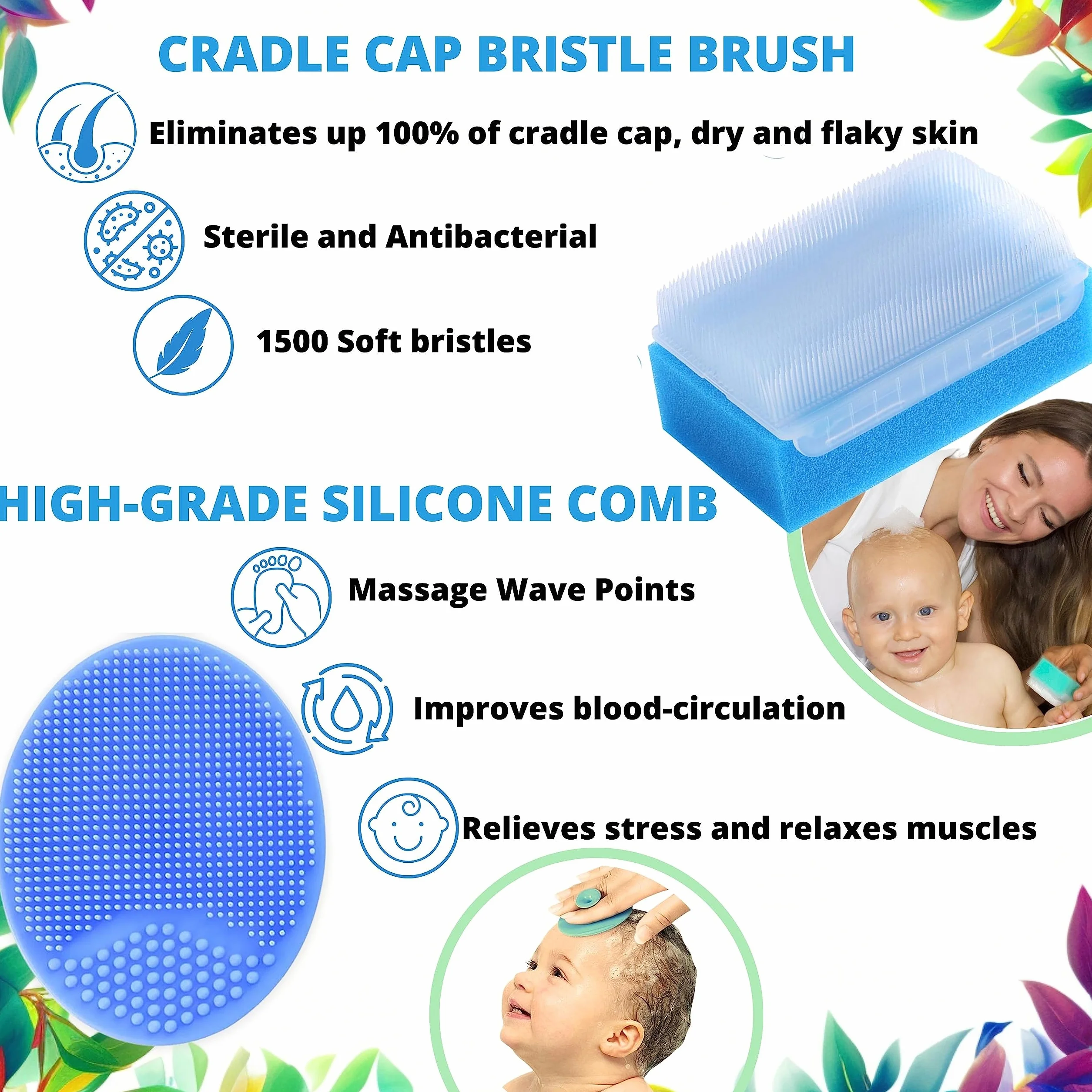 Baby Sponge for Bathing | Extra Soft Cradle Cap Brush | Silicone Massage Combs (5-pack)
