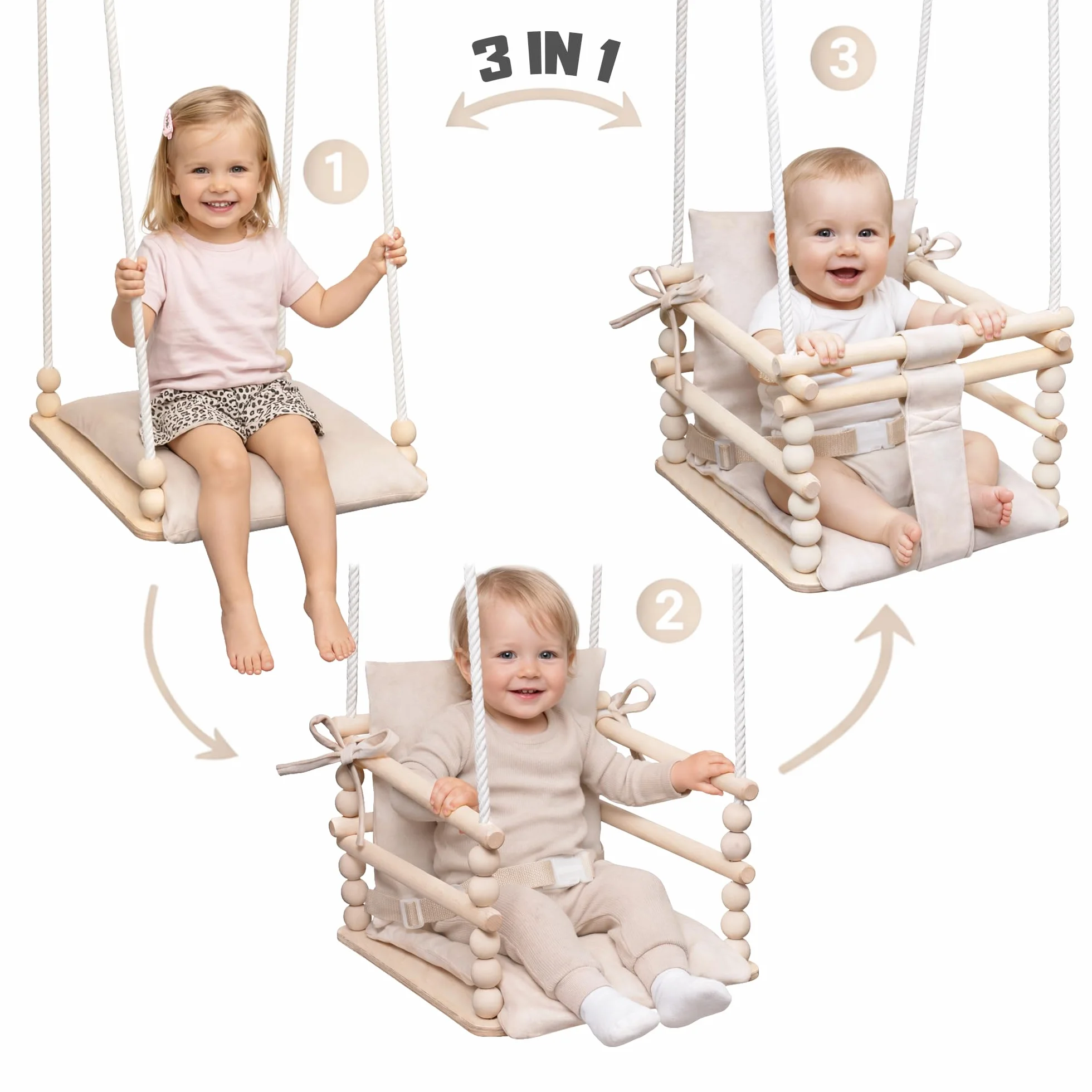 MAMOI® Huśtawka dziecięca 3 w 1 + PAS BEZPIECZEŃSTWA | Regulacja wysokości 190-260cm | Drewniana huśtawka dla dzieci | Wewnętrzna huśtawka dla dzieci do domu | CE | 100% ECO | Wyprodukowano w UE