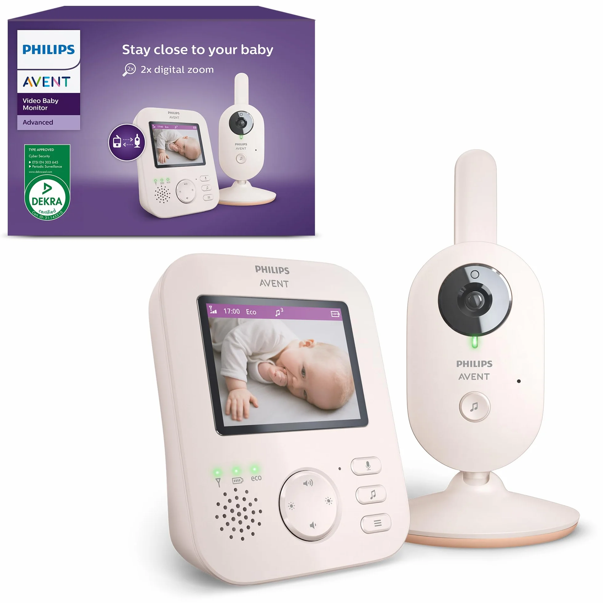 Philips Avent Advanced niania elektroniczna z kamerą, certyfikat DEKRA, prywatna i bezpieczna – wyświetlacz 2,8", zoom x2, noktowizor na podczerwień, kołysanki (model SCD881/26)