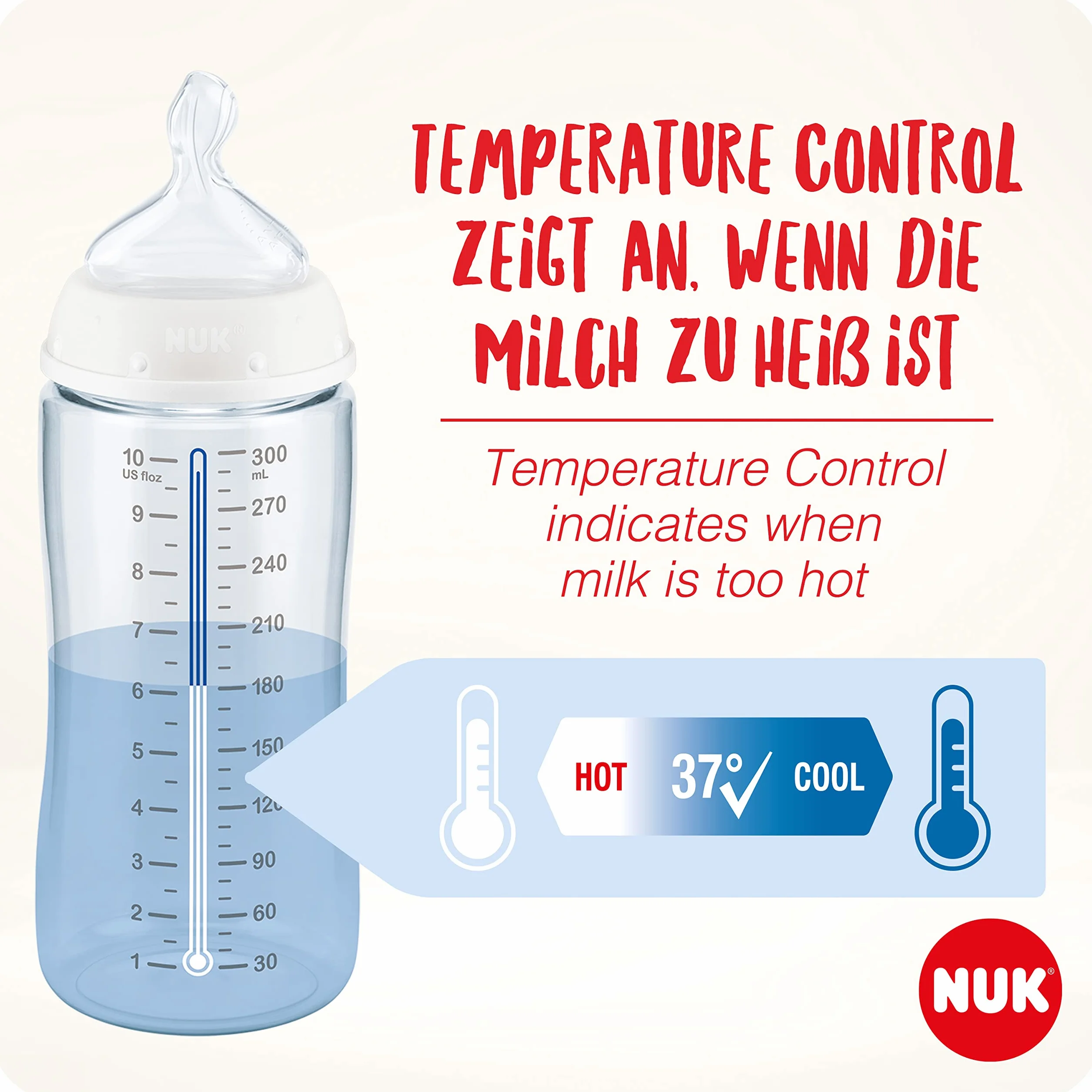 NUK First Choice + Butelka dla niemowląt | 0–6 miesięcy | Wskaźnik kontroli temperatury | Otwór antykolkowy Anti Colic | 300 ml | Produkt nie zawiera BPA | Smoczek silikonowy | żyrafa | 3 elem