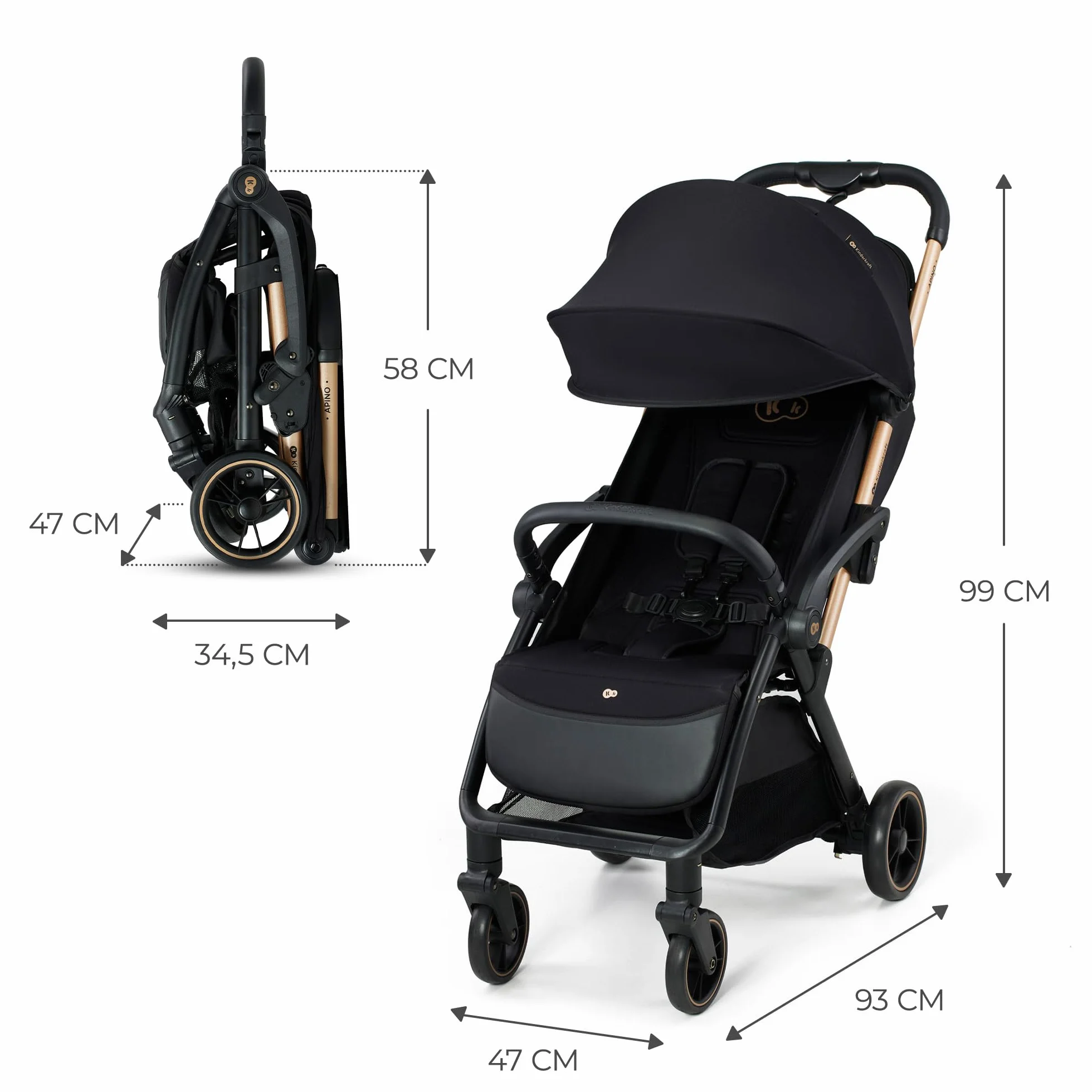 Kinderkraft APINO Lekka Spacerówka, Wózek dziecięcy, Idealny na podróż, AUTO FOLDING, Składany, Kompaktowy, Lekki, Tylko 7,5kg, Wodoodporna budka, Regulacja oparcia, obciążenie do 24kg, Czarny