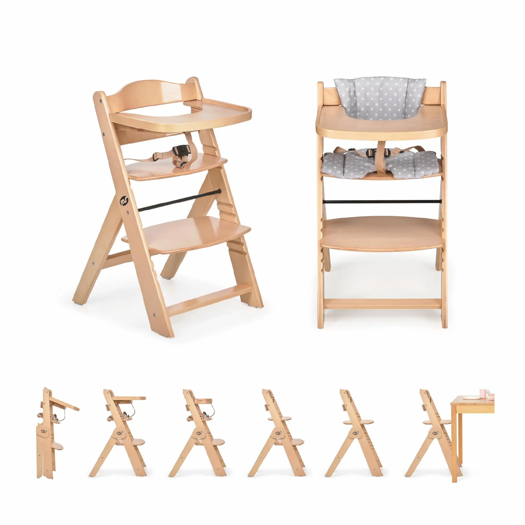 Ms BabyWorld Składane krzesło dziecięce w całości z drewna, w pełni składane, ewolucyjne, wysokie krzesło, ergonomiczne, regulowane, bezpieczne, naturalne/szare