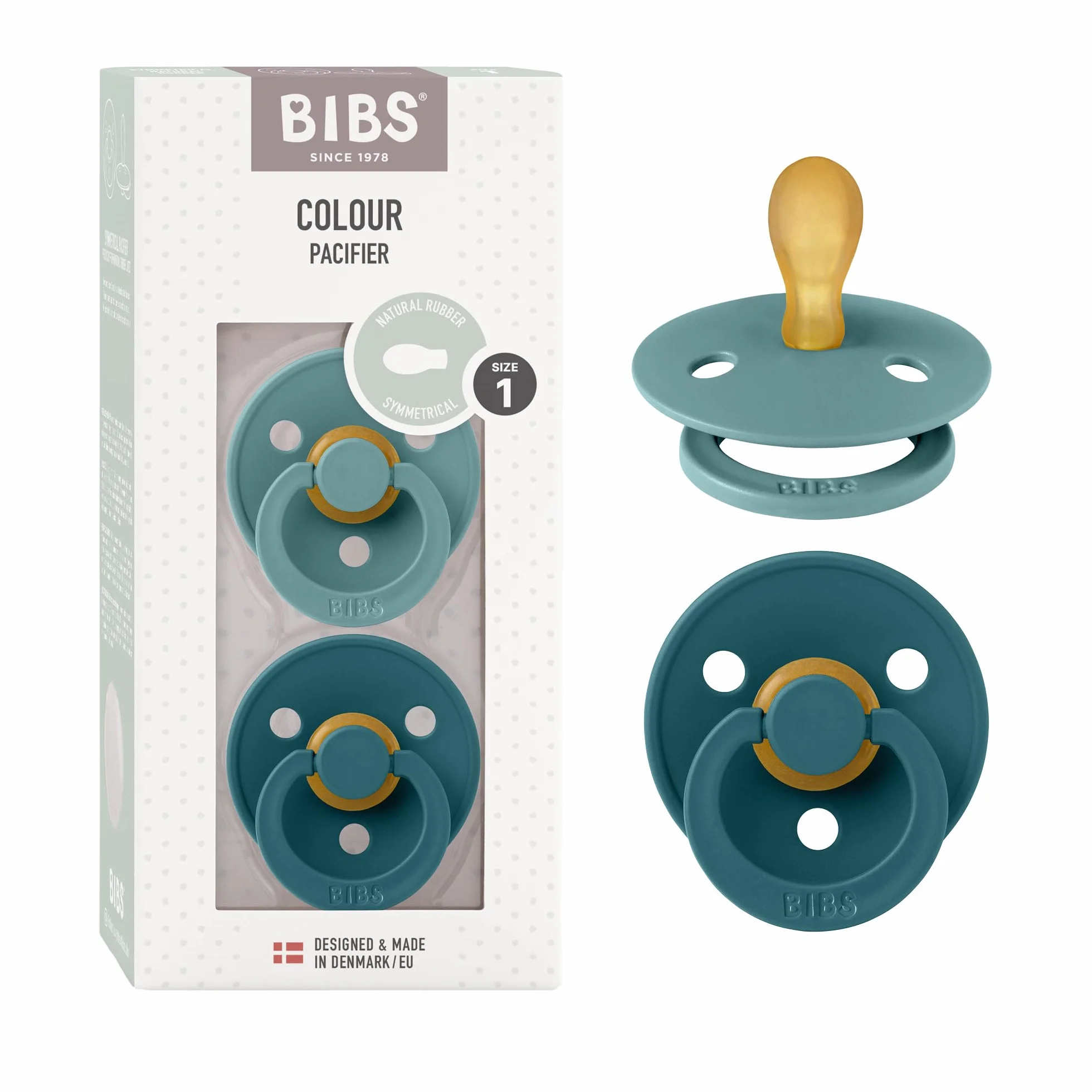 Smoczek BIBS z serii Colour, 2-pak, nie zawiera BPA, Symetryczny kształt gumowej główki. Lateks z kauczuku naturalnego, Wyprodukowano w Danii/EU, Rozmiar 1 (0-6 miesięcy), Island Sea/Forest Lake