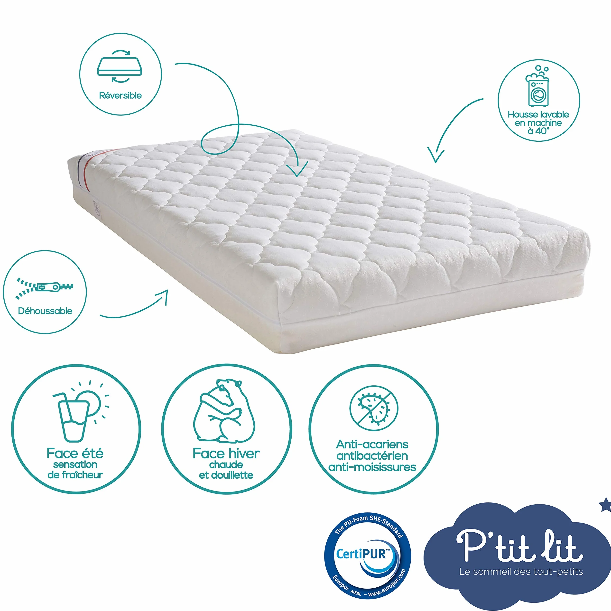 P'tit Lit - Klimatyzowany materac dziecięcy - 60 x 120 cm - 1 strona chłodnego lata / 1 strona zimowa watowana - Anti Acarien - Zdejmowany - Oeko Tex® - Wyprodukowano we Francji