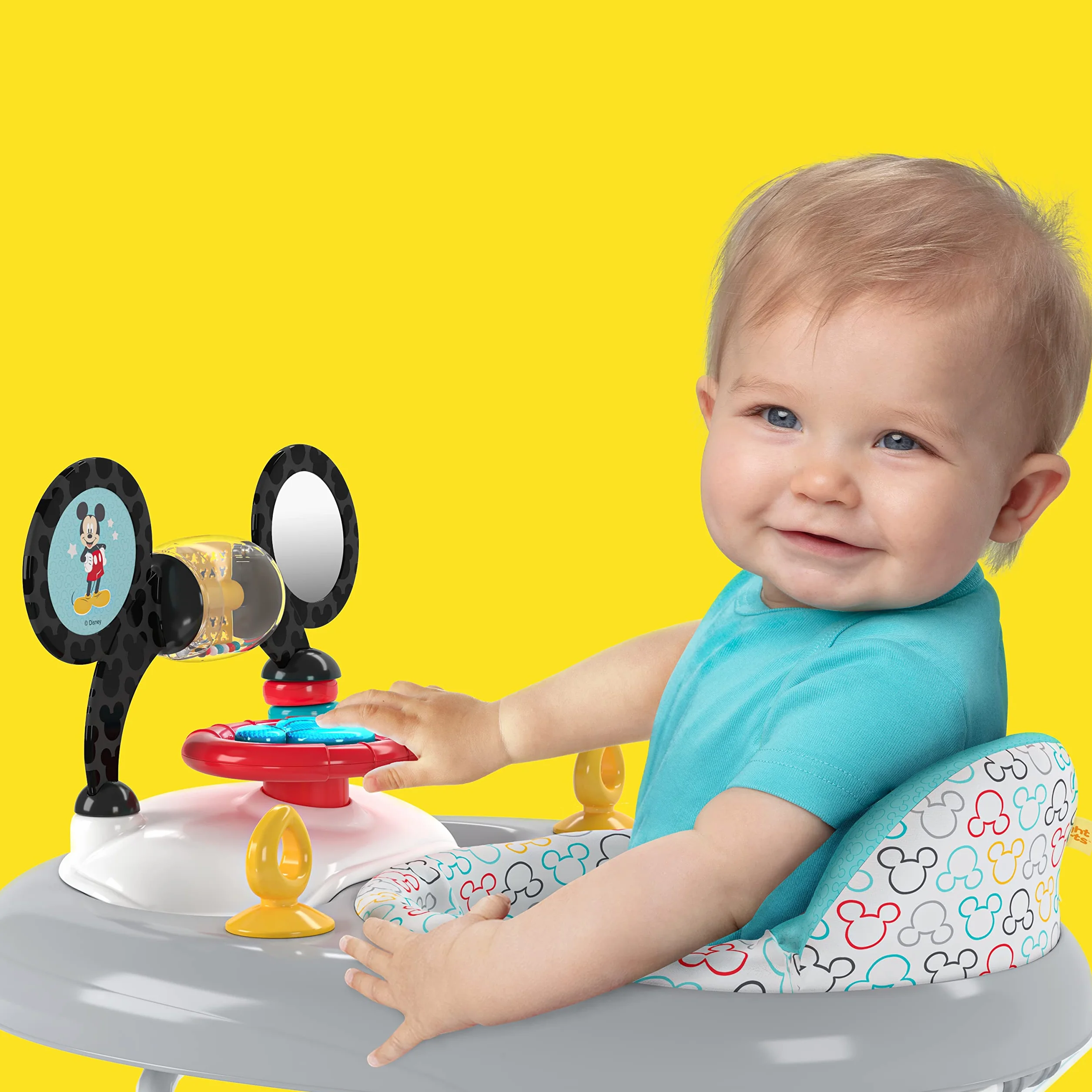 Bright Starts, Disney Baby, Myszka Miki, oryginalna bestie chodzik do aktywności 2 w 1, ze zdejmowaną stacją zabawkową ze światłami, piosenkami i dźwiękami, regulowana wysokość, łatwy do czyszczenia,