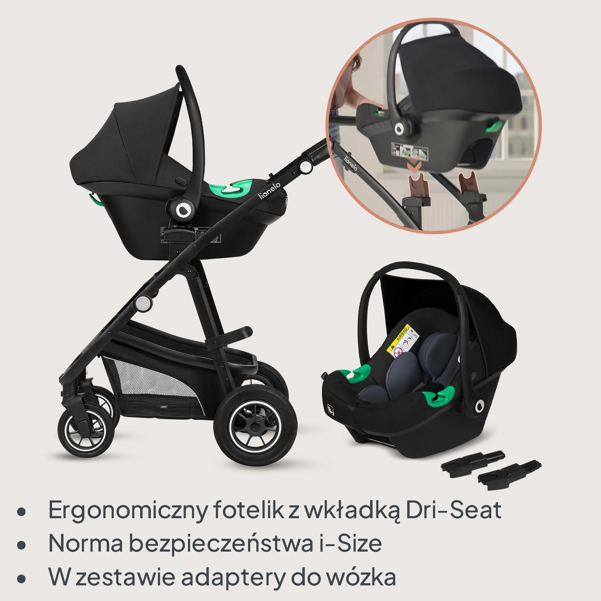 LIONELO BIANKA Wózek Spacerowy Dziecięcy 3 w 1 do 22 kg Gondola Fotelik Samochodowy do 13 kg, Składany, System Podróżny Regulacja Oparcia Koła 360o Amortyzacja, Daszek XXL (Czarny)