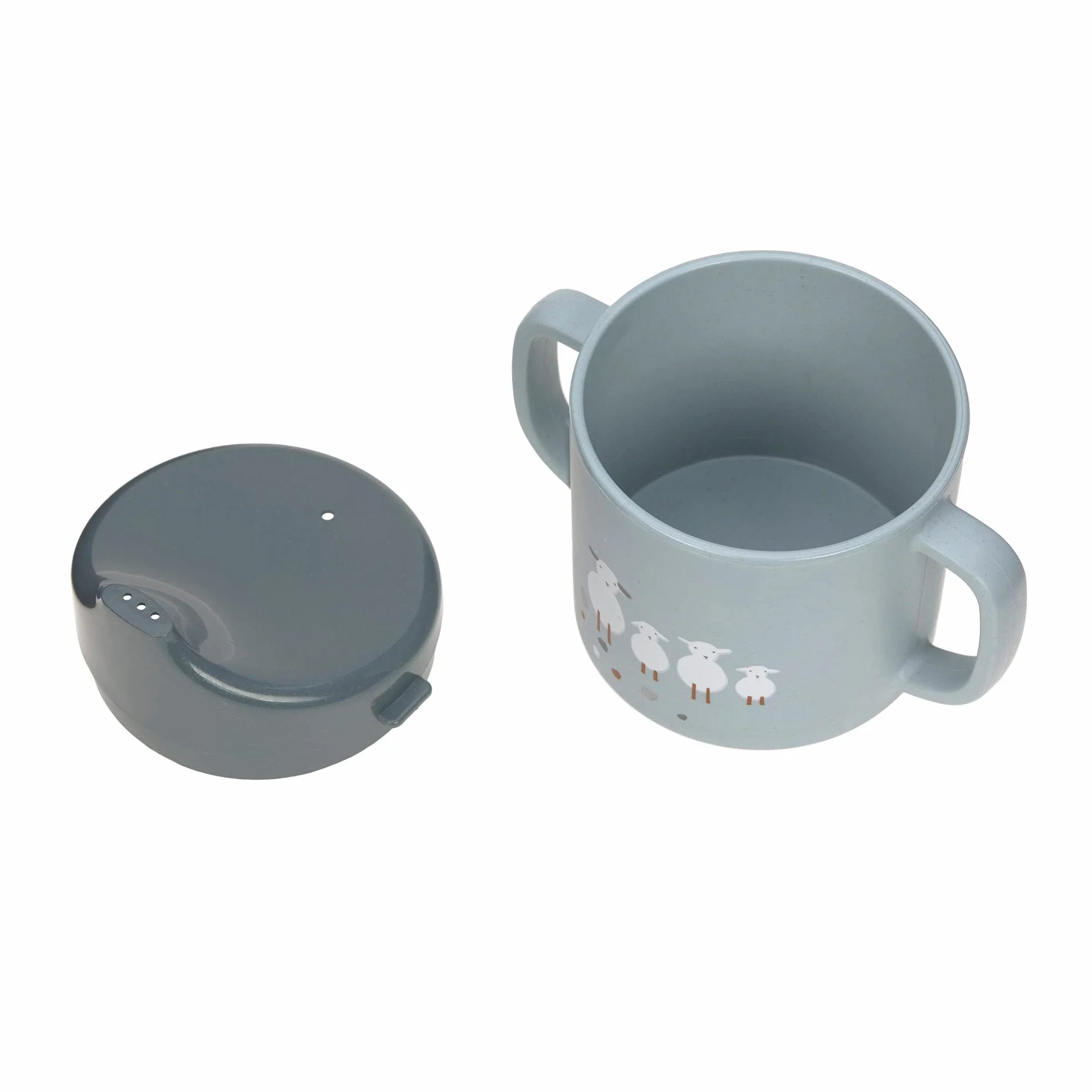 LÄSSIG Kubek do nauki picia dla dzieci z uchem i zdejmowaną pokrywką 150 ml/Sippy Cup Tiny Farmer Sheep/Goose Blue