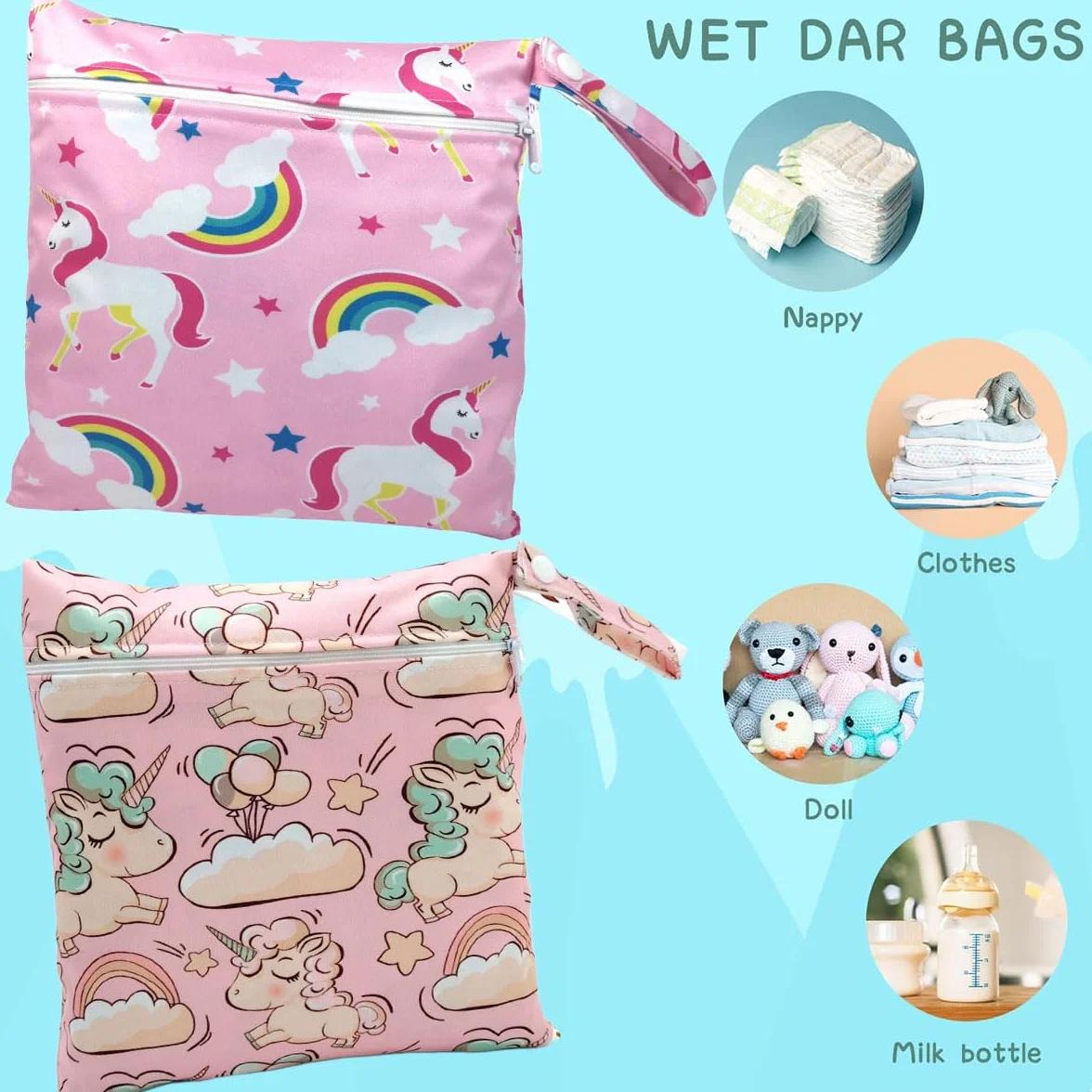 Wetbag torba na mokro do przedszkola, 2 sztuki, różowa jednorożec, wodoszczelna, przenośna, torba na pieluchy w podróży, mała torba na mokre rzeczy kąpielowe, wielokrotnego użytku, torba do