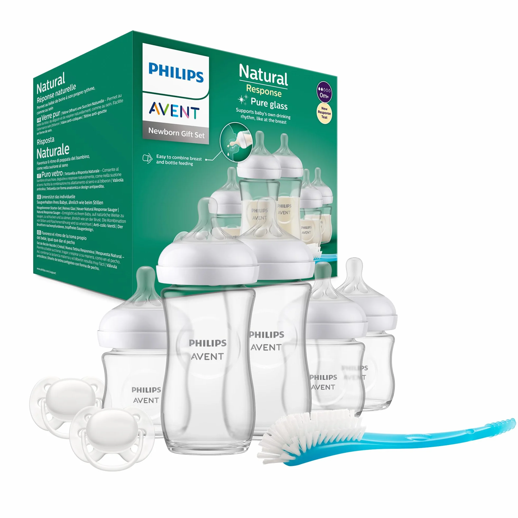 Philips Zestaw Avent Natural z Responsywnym smoczkiem: 3 szkl. butelki na mleko dla niemowląt 120ml i 2 szkl. butelki 240ml, 2 smoczki 0–6 mies., szczotka do butelek, bez bisfenolu A (model SCD879/11)