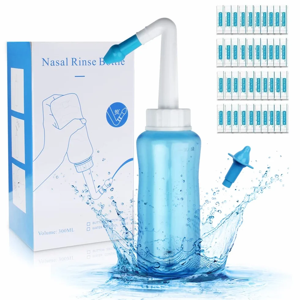 Neti Pot butelka do płukania zatok, myjka do nosa, płukanie ciśnieniowe, nawadnianie nosa, dla dorosłych i dzieci, bez BPA, 300 ml, z 40 pakietami soli do płukania nosa (40 sztuk)