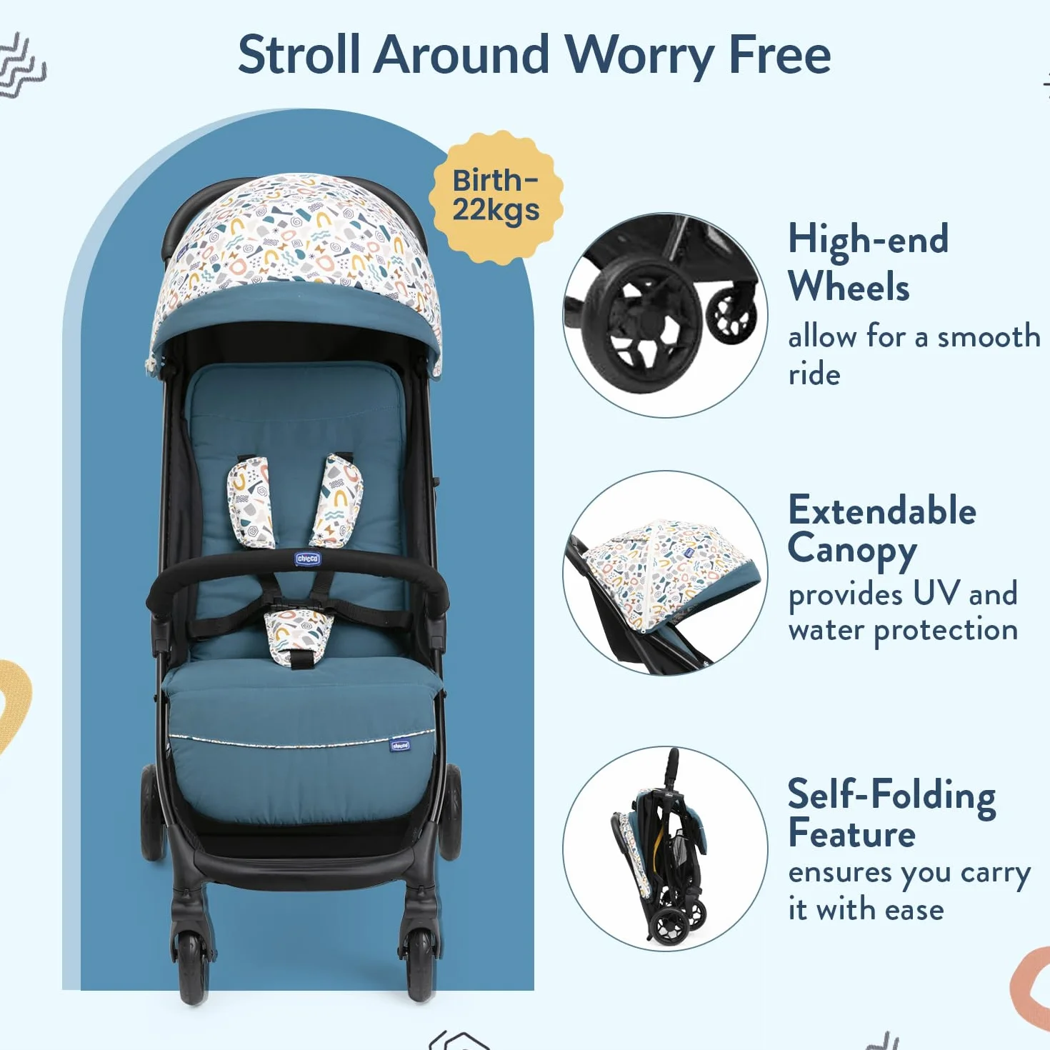 Chicco Glee Lightweight wózek dziecięcy, praktyczny i lekki, automatyczny mechanizm zamykania, szerokie i wygodne siedzisko, wysokiej jakości koła, regulowane oparcie, dach przeciwsłoneczny, do 22 kg,