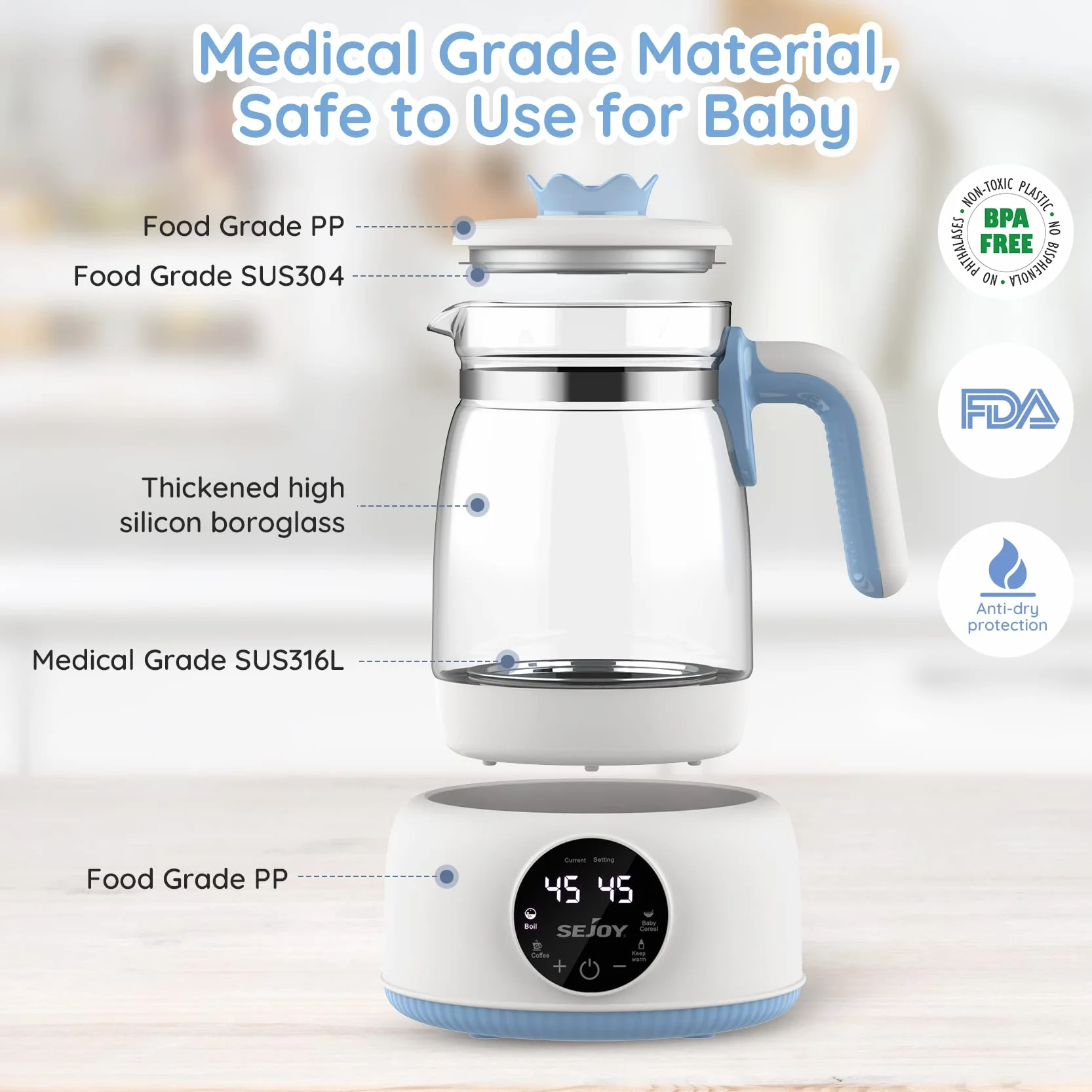 Sejoy Baby Formula Kettle Warm Water Dispenser for Making Formula Bottle Within 30s, Traditional Baby Bottle Warmer Replacement, Accurate Temperature Control, Boil-Dry Protection, 72h Keep Warm, 1.2L