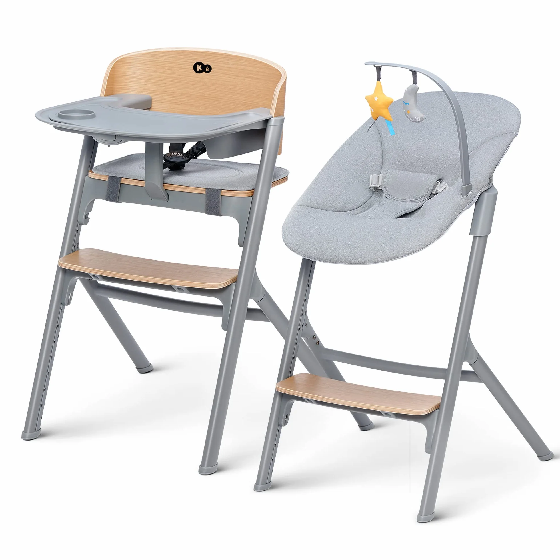 Kinderkraft Krzesełko do karmienia LIVY i Bujaczek CALMEE, Krzesło dla całej rodziny, Od urodzenia do 110 kg, Regulowane, Zdejmowana tacka, Ergonomiczne oparcie, Minimalistyczny design, Drewnopodobny