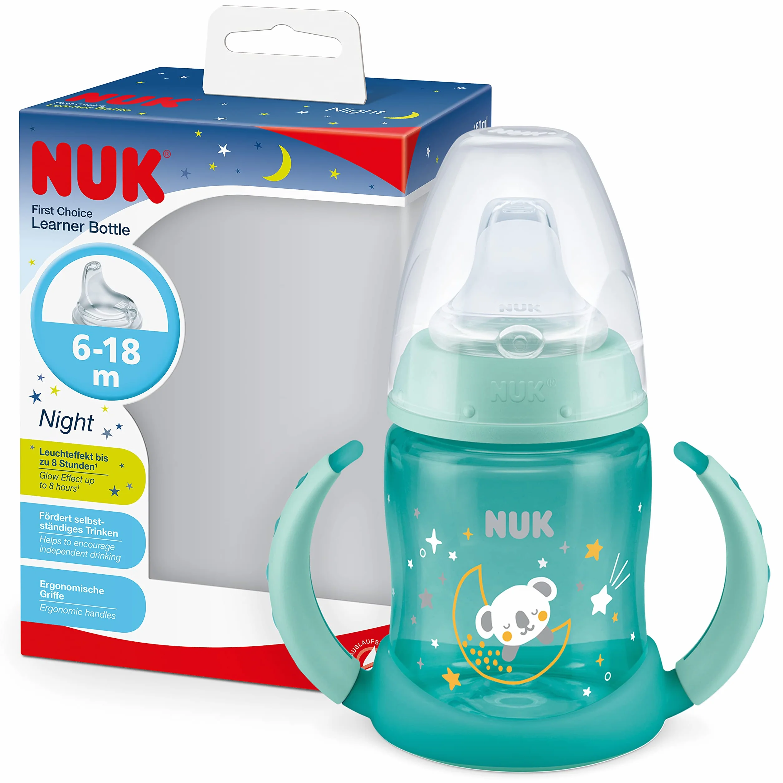 Kubek niekapek NUK First Choice Night | Wiek: od 6 do 18 miesiąca | 150 ml | Fosforyzujący kolor | Uchwyty i ortodontyczny silikonowy dzióbek| System antykolkowy | Nie zawiera bisfenolu A | Zielony