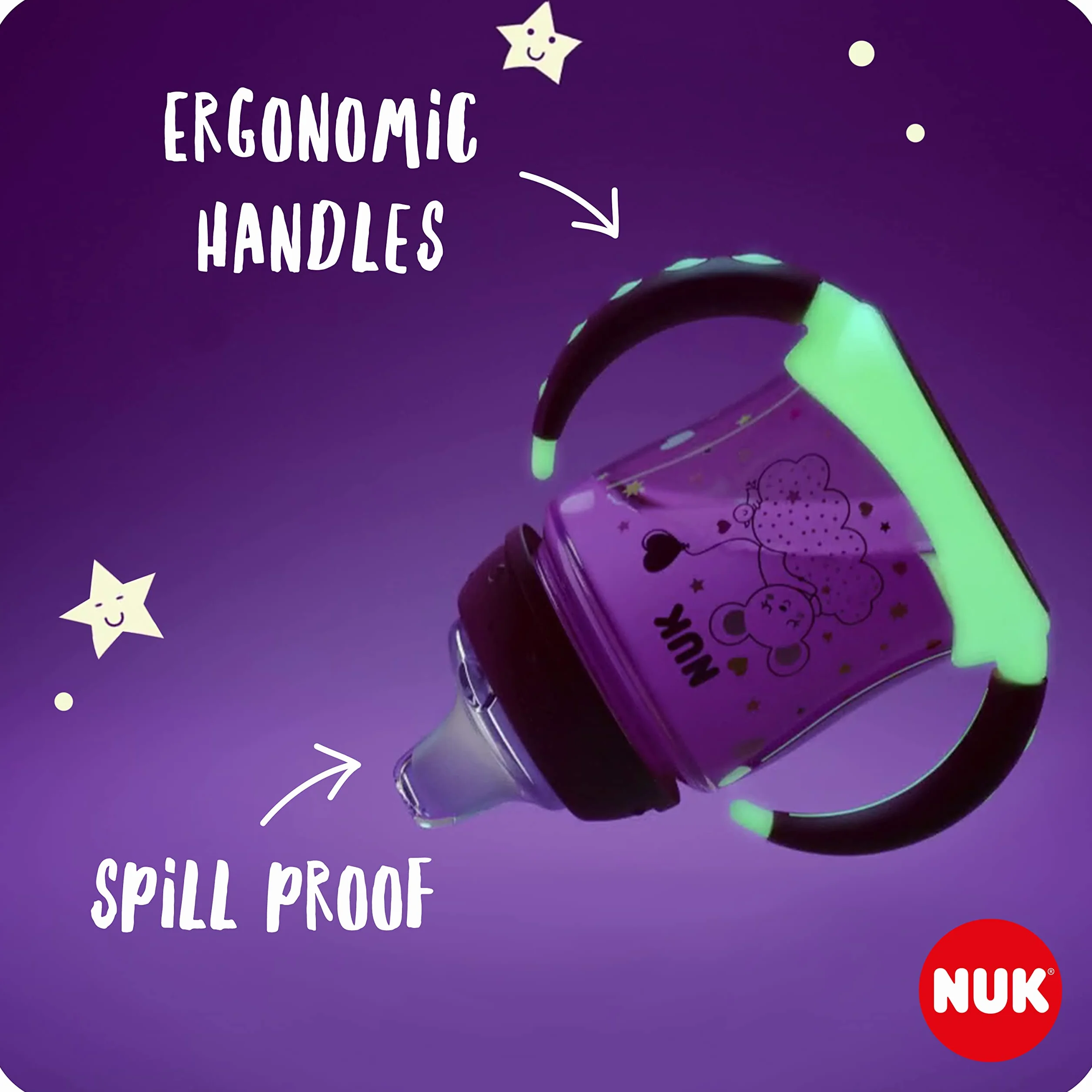 Kubek niekapek NUK First Choice Night | Wiek: od 6 do 18 miesiąca | 150 ml | Fosforyzujący kolor | Uchwyty i ortodontyczny silikonowy dzióbek| System antykolkowy | Nie zawiera bisfenolu A | Różowy