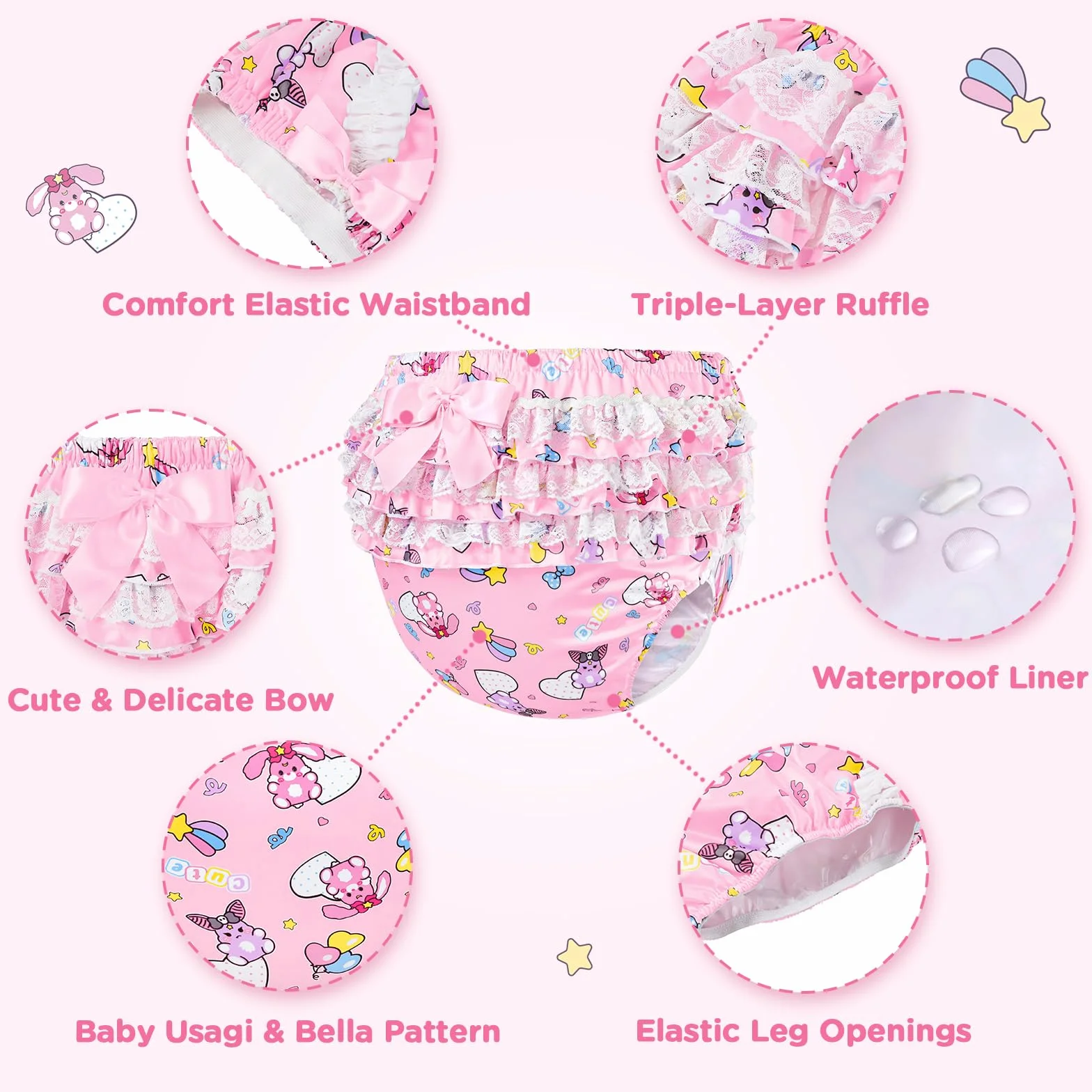LittleForBig Jedwabista wodoszczelna z koronką kokardka Baby Usagi & Bella różowa rozmiar M
