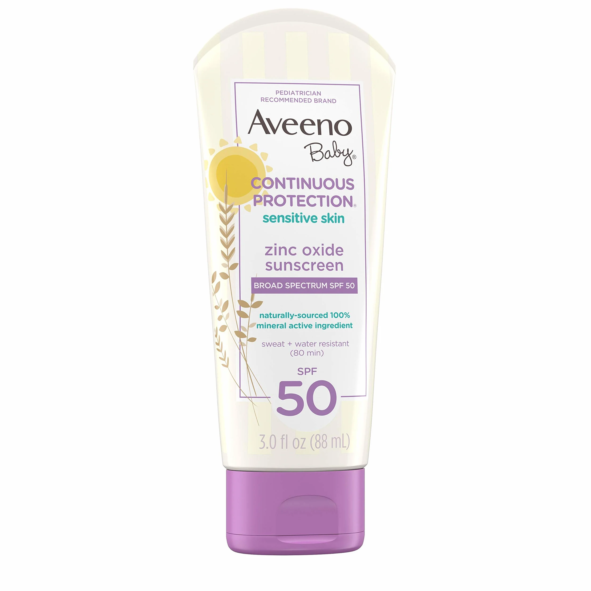 Aveeno Baby Ciągła ochrona przed słońcem balsamem z rdzą cynkową z płynem SPF 50, odporny na pot i wodę, 3,0 Fl. Oz