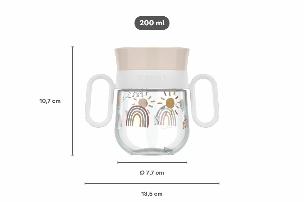 Mepal, Educatieve Mok 360° Mio, Szczelność, Obręcz 360° do Picia z Każdej Strony, Łatwe do Trzymania Uchwyty, Automatyczne Wyłączanie po Zaprzestaniu Picia, 200 ml, Sunshine & Rainbow