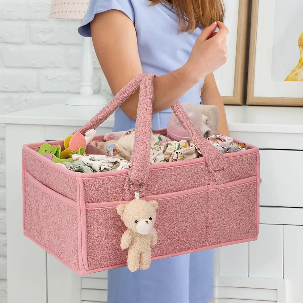 Organizer na pieluchy dla niemowląt, przenośny organizer na pieluchy, pluszowy organizer na pieluchy, z przegródkami i uchwytami, pluszowy organizer na pieluchy, duży z misiem, różowy