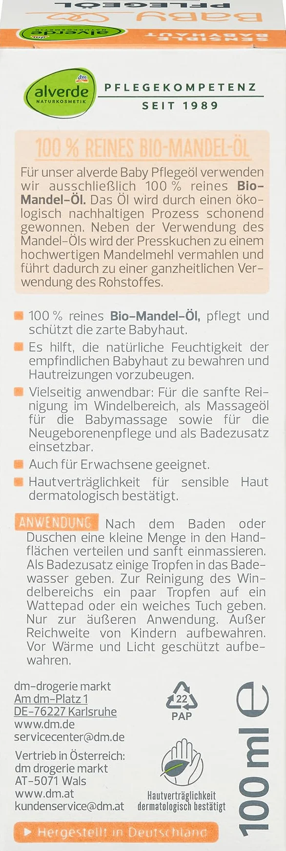 alverde BABY olejek dla niemowląt, 100% czysty ekologiczny olejek migdałowy, 100 ml