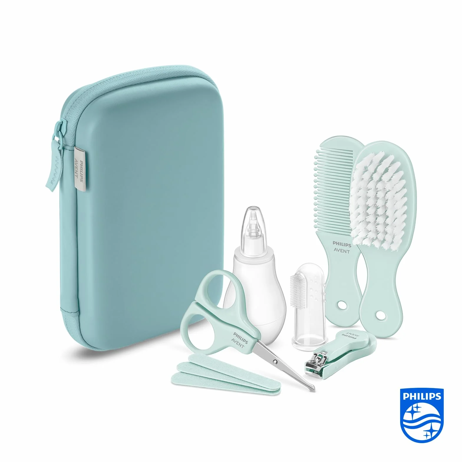 Philips Zestaw do pielęgnacji dziecka Avent: cążki do paznokci, nożyczki, 3 pilniczki, grzebień, szczotka do włosów, aspirator do nosa i szczoteczka do zębów na palec (model SCH401/00 -New model)