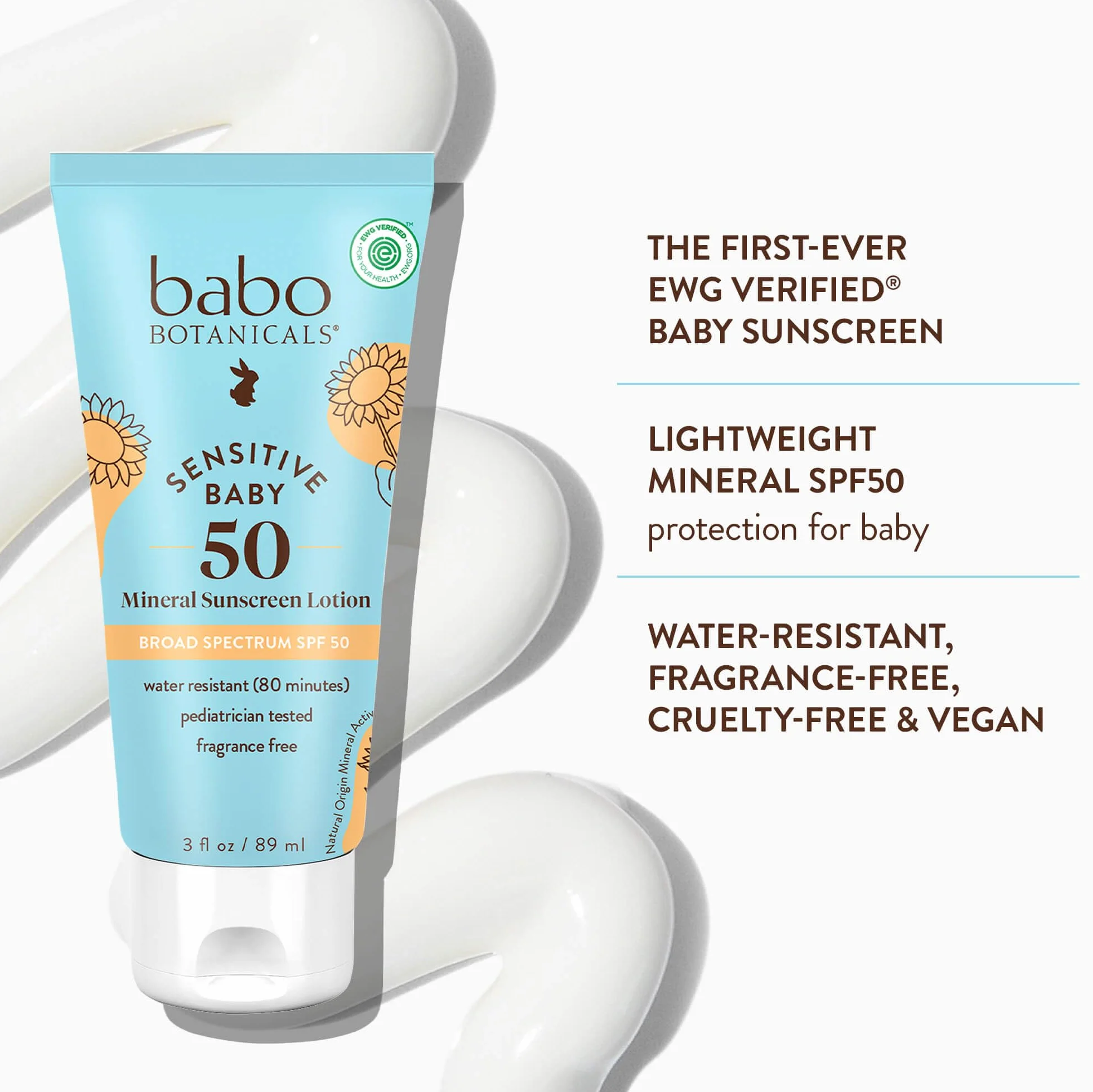 Babo Botanicals Baby Skin Spf 50 Mineral Sheer & Gentle Sunscreen Fragrance Free Lotion, 3 Fl Oz, Unscented, 3 unce Fluid Ounce
