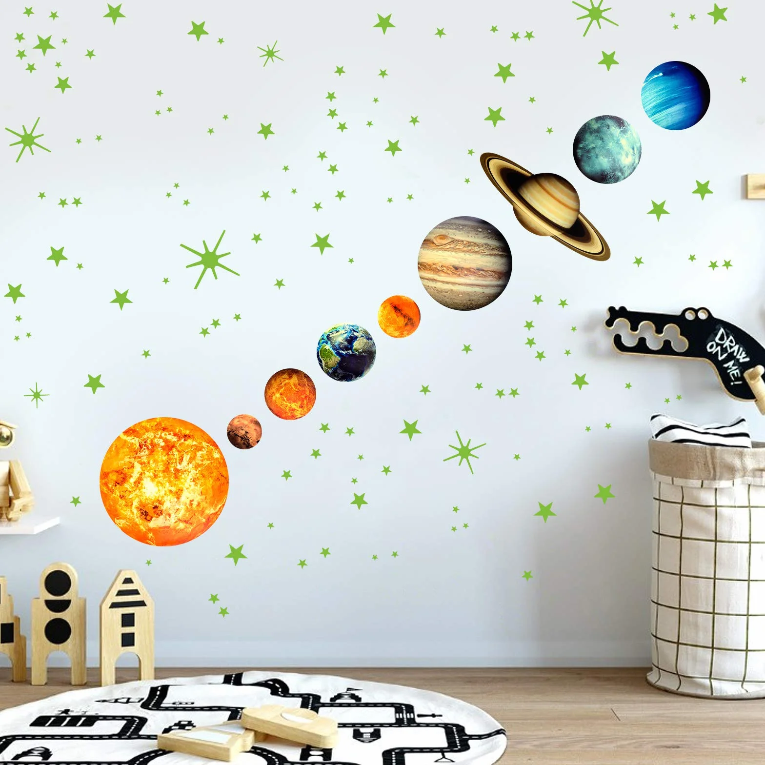 Yosemy 9 planet naklejki ścienne świecące + świecące gwiazdy, tatuaż ścienny, układ słoneczny, gwiazdy, fluorescencyjne naklejki ścienne do pokoju dziecięcego, dekoracyjne naklejki