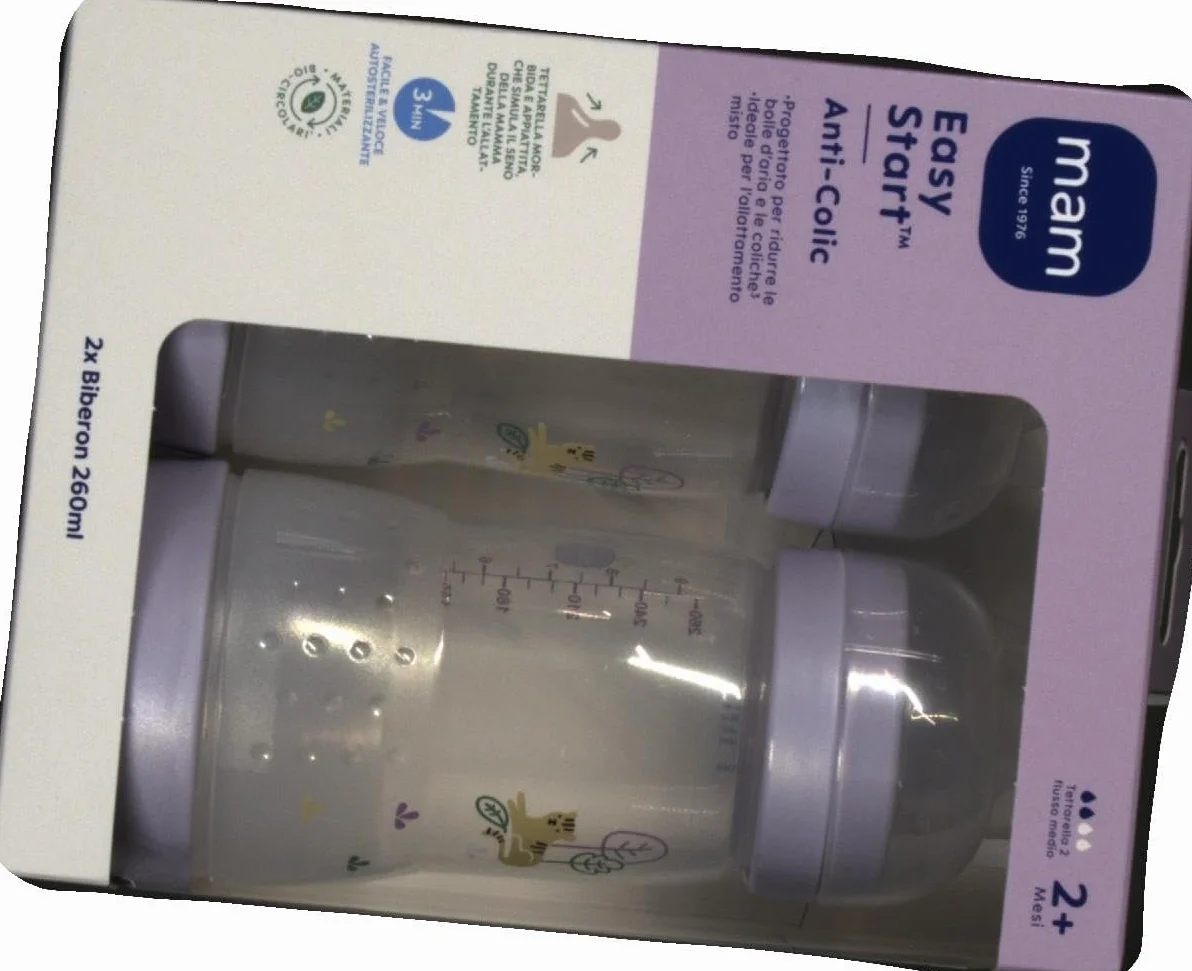 MAM Butelka dla niemowląt Easy Start, 2 butelki dla niemowląt, 2-4 miesiące, 260 ml ze strumieniem smoczka 2 na 2 miesiące, silikonowe SkinSoft, Bio-okrągłe, fioletowe