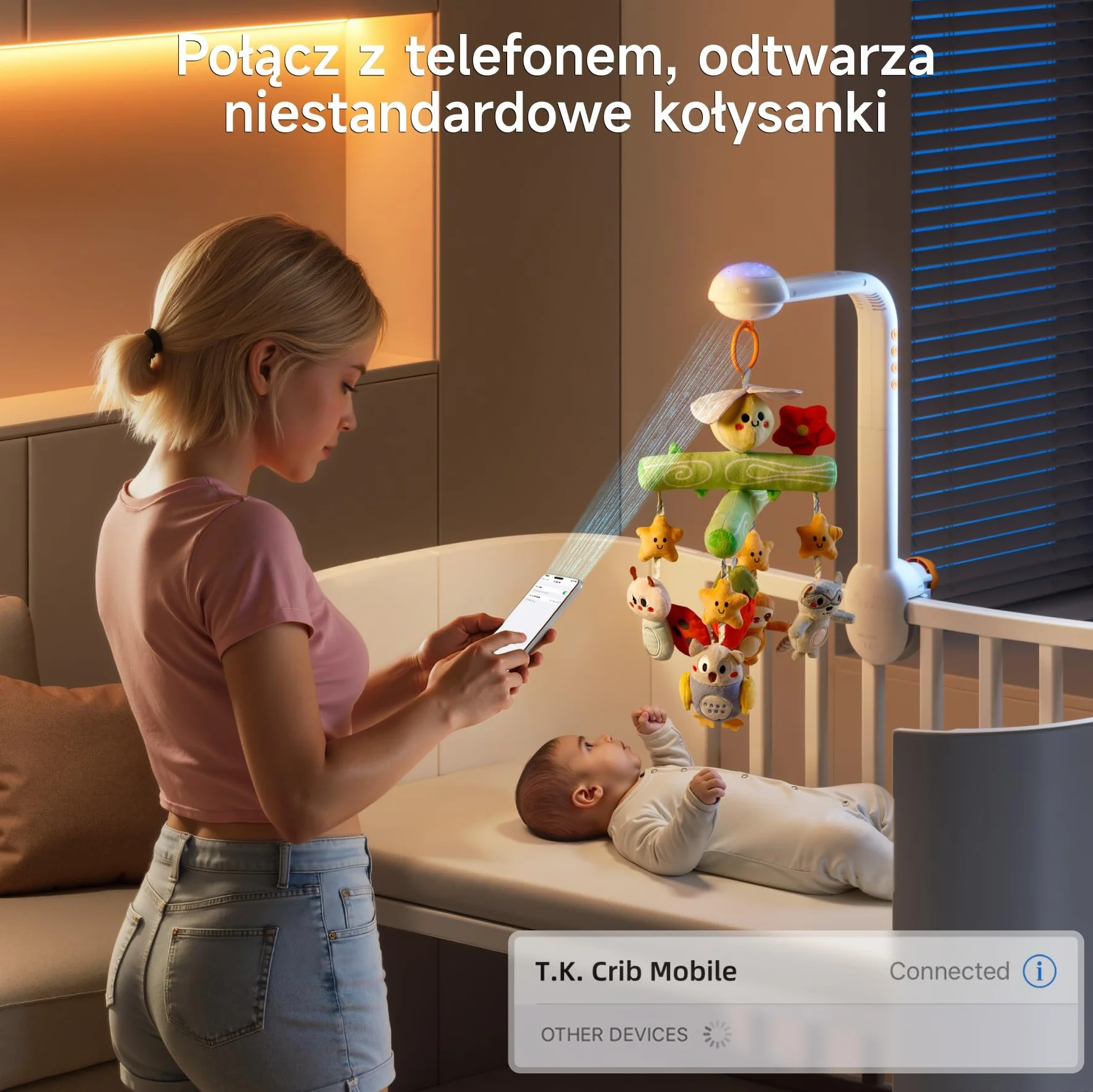 TUMAMA KIDS Mobilne łóżko muzyczne, lampka nocna z projekcją światła, zabawka dla niemowląt 0 3 6 9 miesięcy, mobilny pilot do łóżeczka dla dziecka sensoryczna zabawka na prezent dla urodzonych