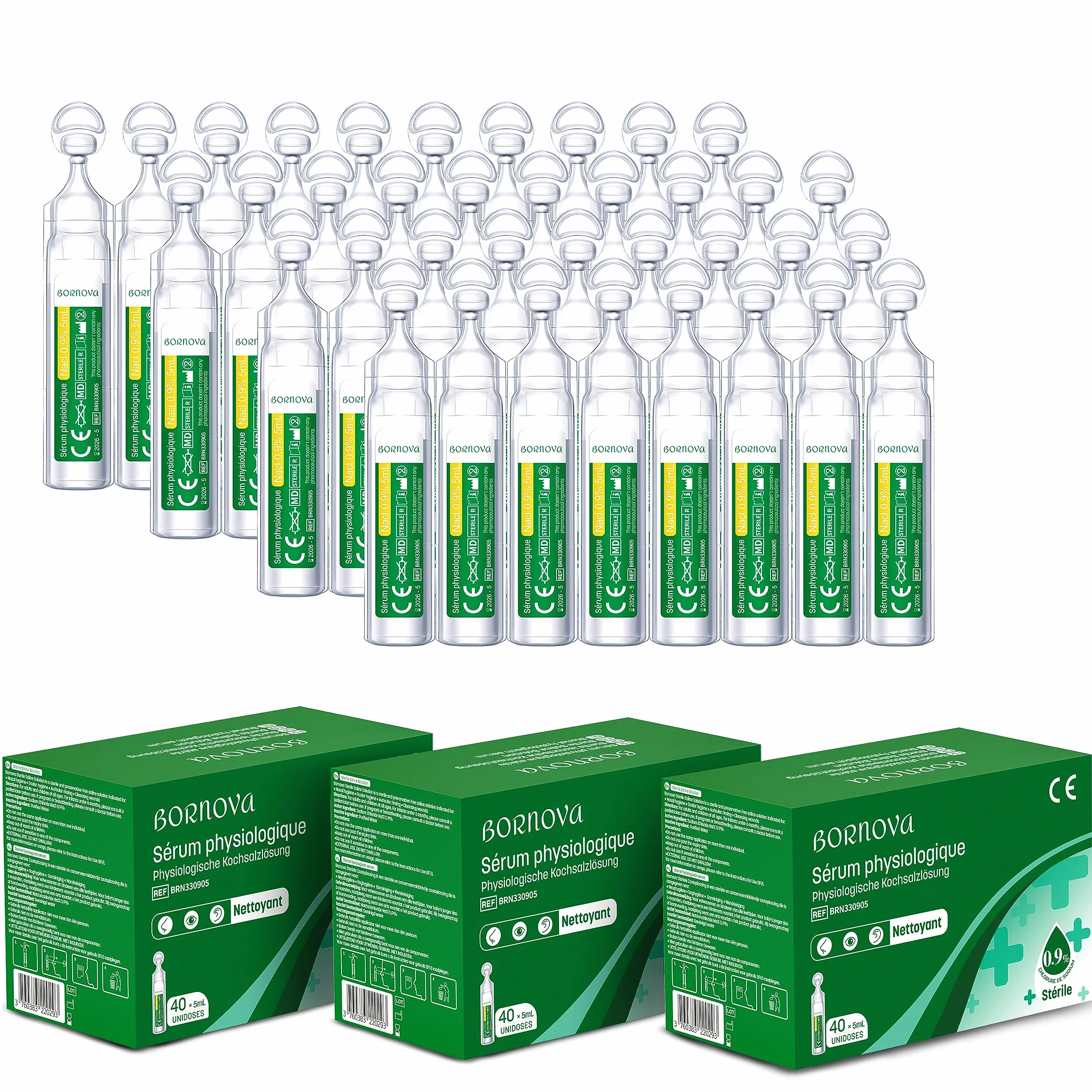 BORNOVA Serum Fizjologiczne Stosunek izotoniczny soli fizjologicznej Dziecko Niemowlę Zapobieganie przeziębieniu Ulga zatorach nosa Higiena oczu uszu Oczyszczanie ran (3 BOX, 120 Jednodawkowe Dawki)