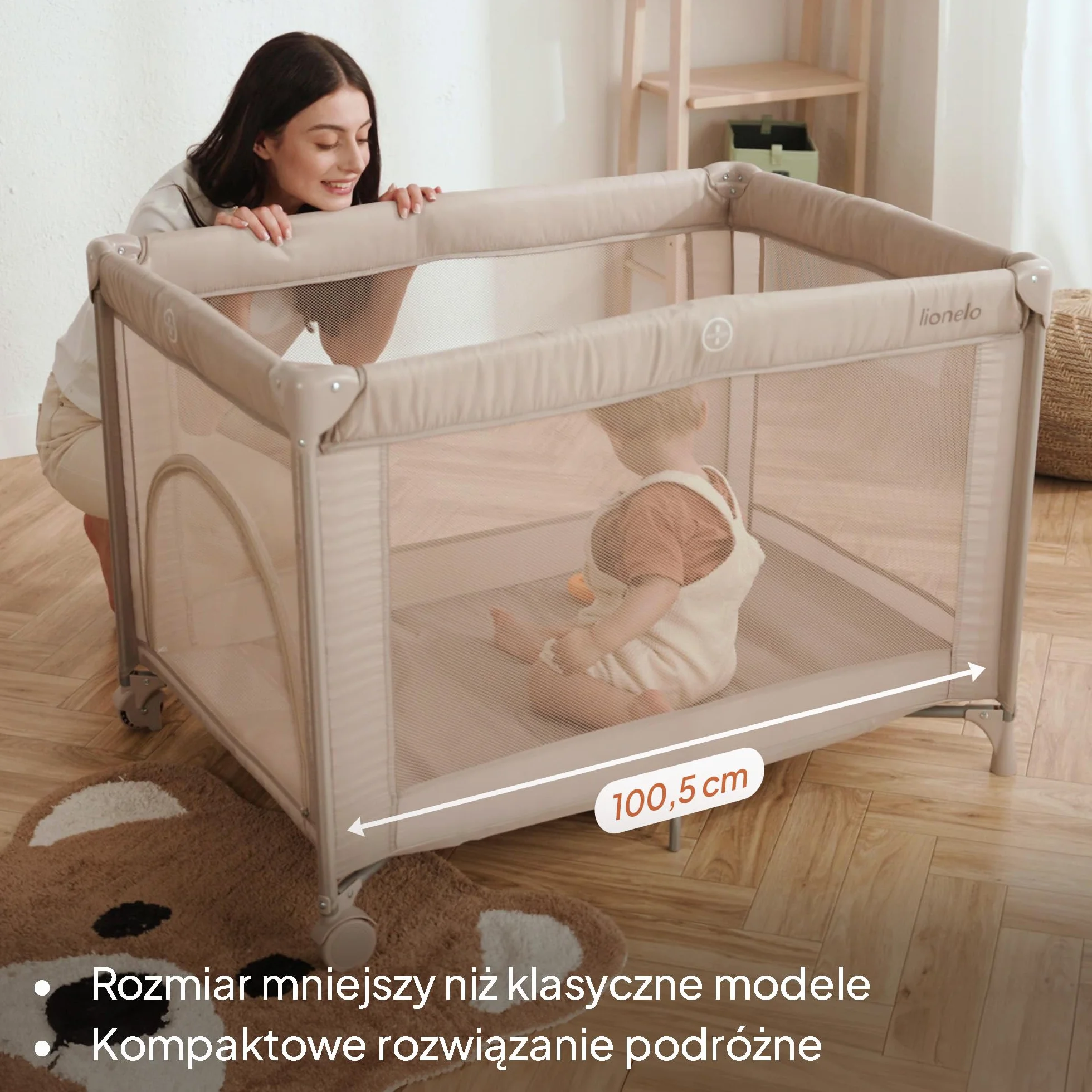 Lionelo Amelie dziecięce łóżeczko podróżne od urodzenia do 15 kg, małe, składane, miękki materac składany, 100,5 x 70,5 cm, 2 koła, boczne wejście, torba podróżna