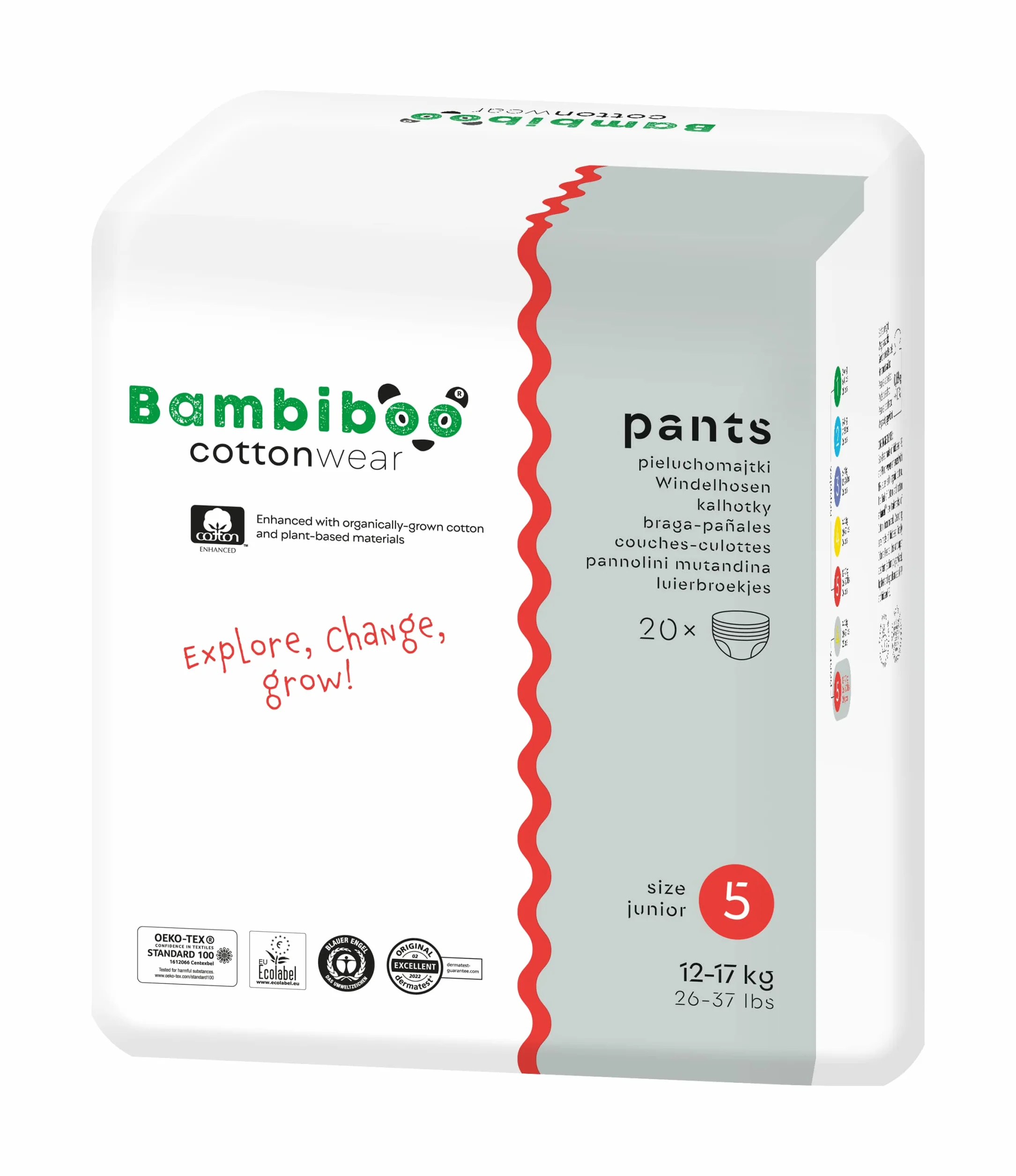 Bambiboo Pieluchy dla niemowląt, rozmiar 5 (od 12 kg) COTTONWEAR Majtki z bawełny organicznej i substancji roślinnych ze wskaźnikiem wilgotności oddychające - 20 szt.