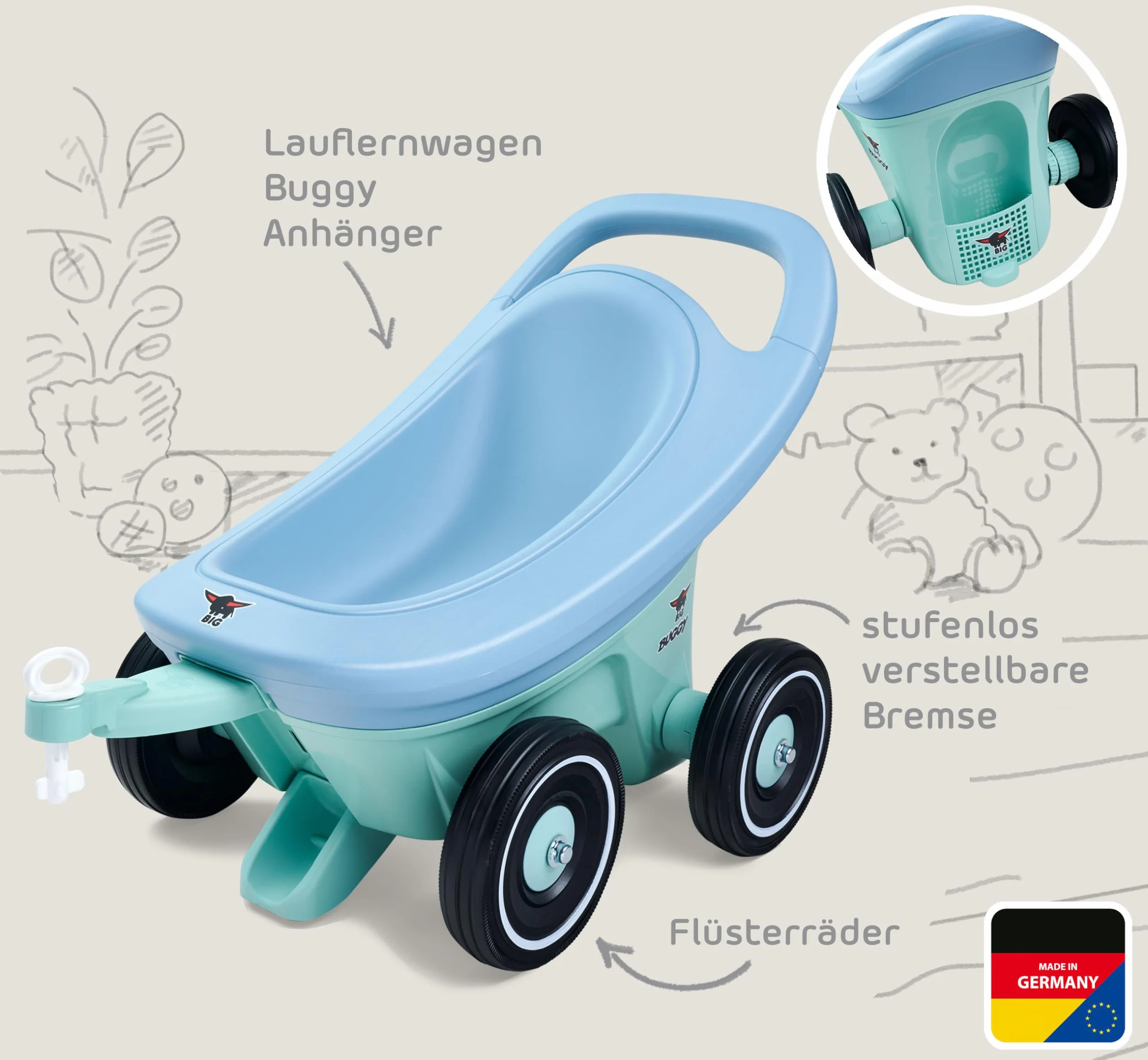 Big Buggy 3 w 1 wózek do nauki chodzenia z regulowaną funkcją hamowania, niebiesko-turkusowy