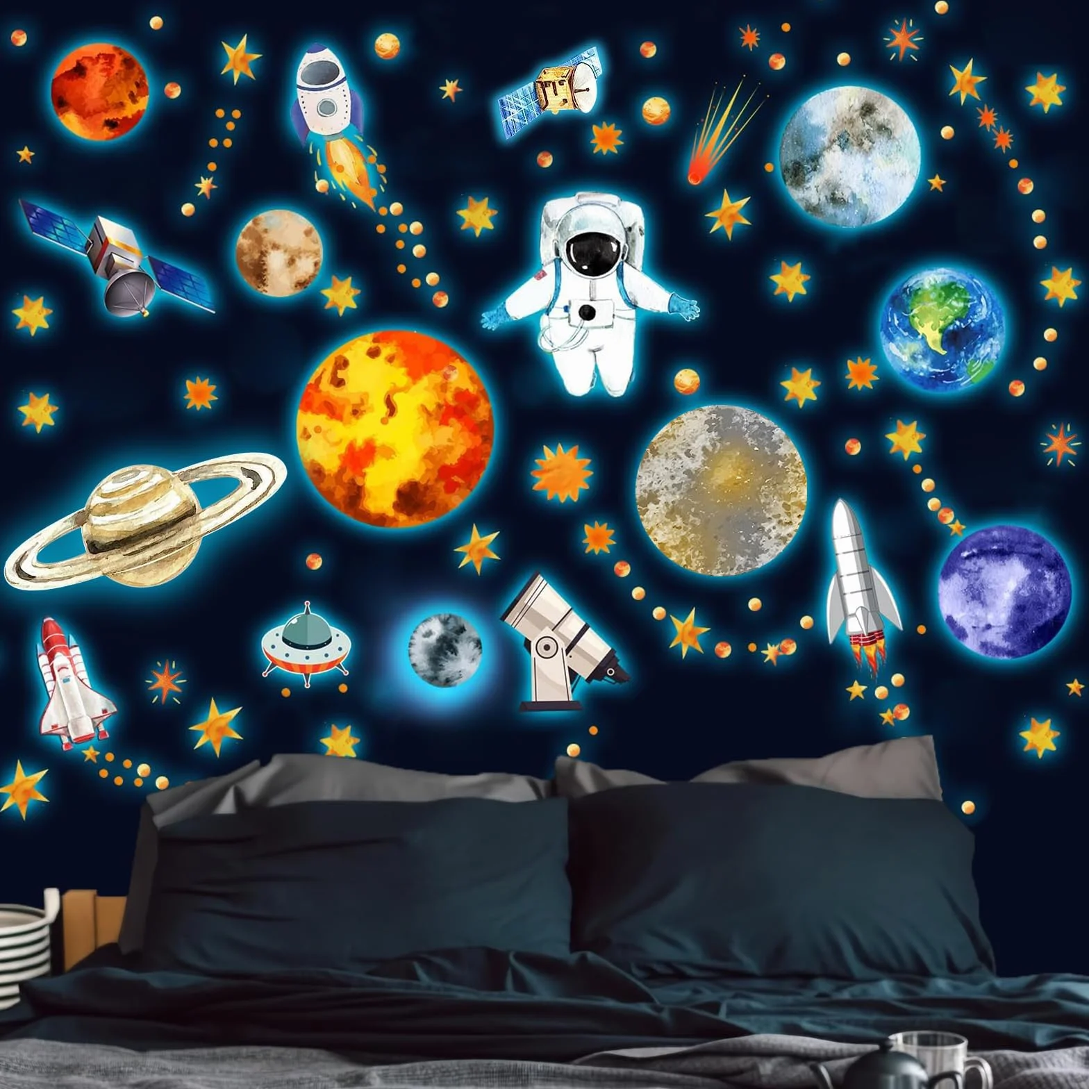 3 arkusze naklejek ściennych, świecące naklejki na ścianę, 9 planet, świecące gwiazdy, astronauta, planeta, naklejki ścienne, fluorescencyjne, układ słoneczny, gwiazdy, tatuaż ścienny, dekoracyjne