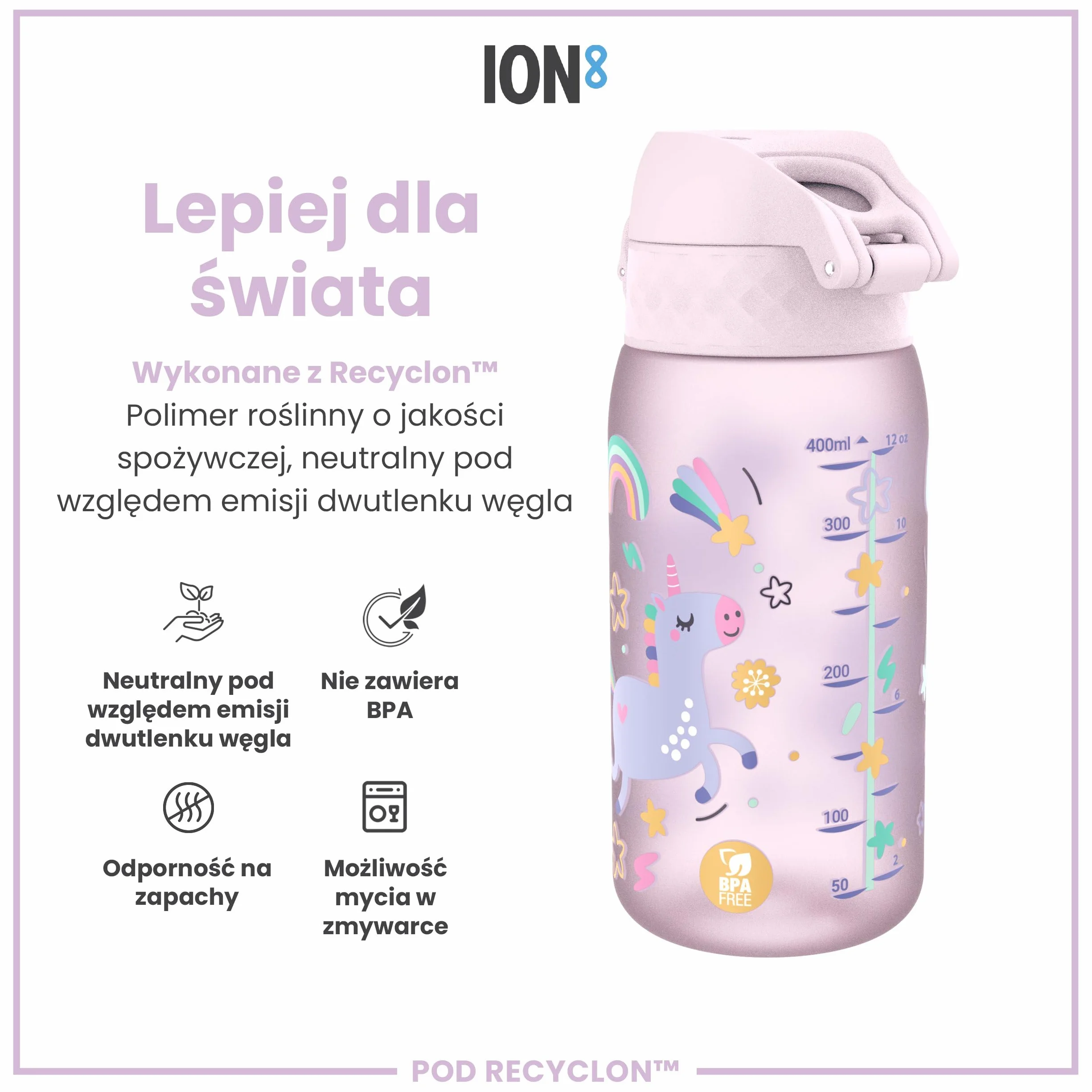 ION8 Butelka na Wodę, Szczelna, Łatwe Otwieranie, Bezpieczny Zamek, Można Myć w Zmywarce, Bez BPA, Higieniczne Pokrycie, Uchwyt do Przenoszenia, Łatwa Czyszczenie