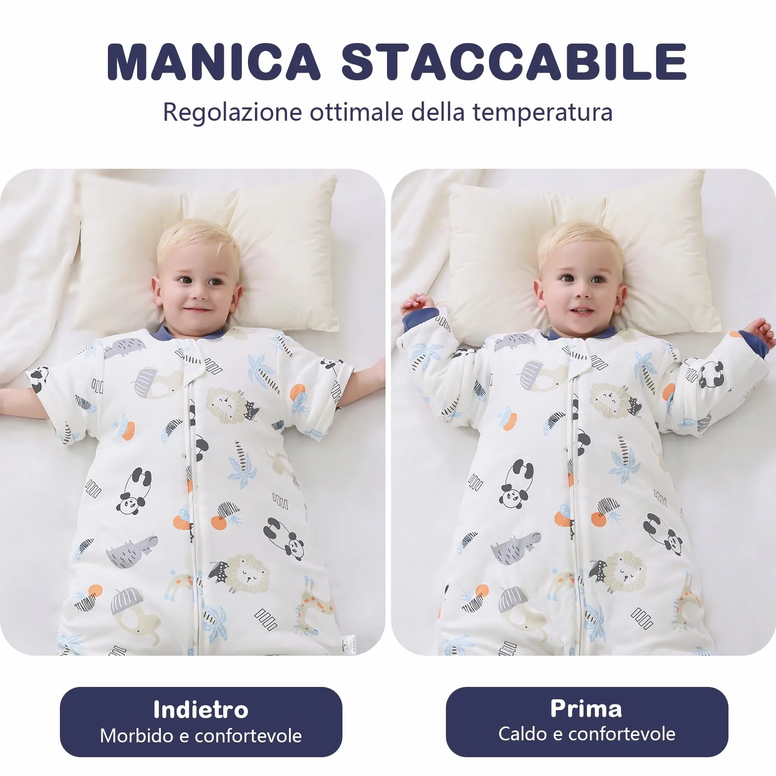Śpiwór niemowlęcy z długim rękawem z nogawkami 3,5 tog śpiwór zimowy dla dzieci z nogami, Pandy i lwy, wysokość 75-85 cm