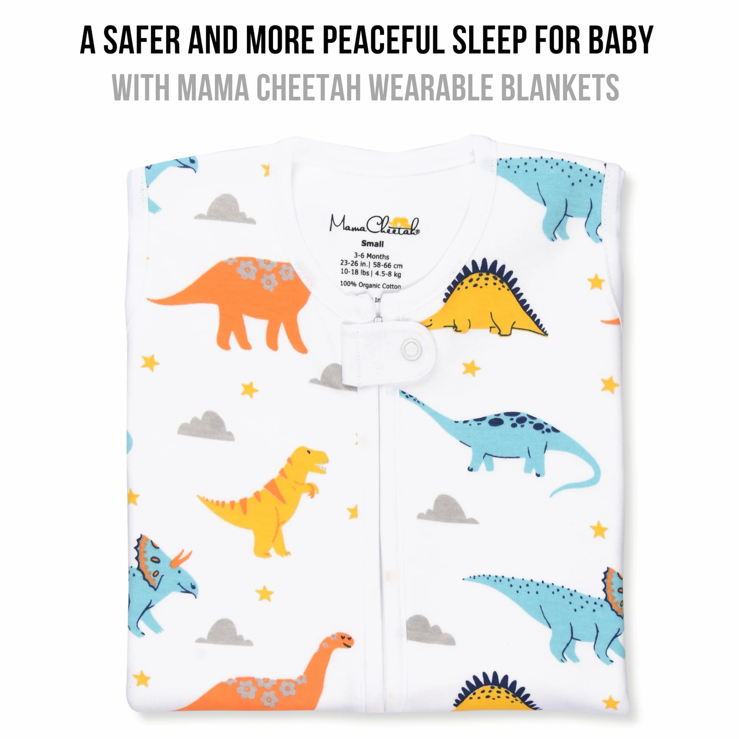 Mama Cheetah Przenośny koc dla niemowląt, śpiwór z bawełny organicznej, śpiwór z podwójnym zamkiem błyskawicznym, Dinozaury 1.0 TOG, Large (12-18 mois)