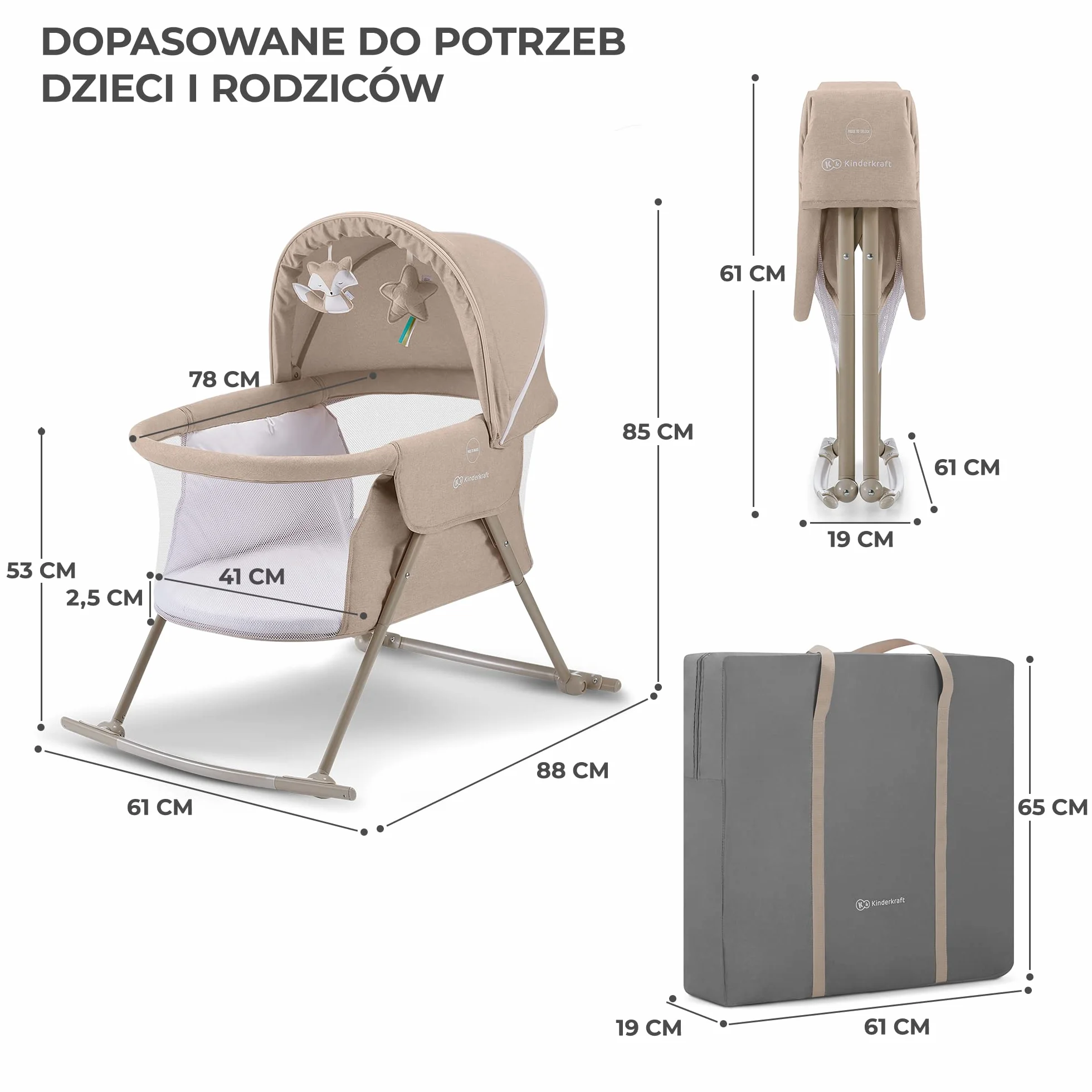 Kinderkraft Łóżeczko dziecięce 3w1 LOVI, Łóżko turystyczne, Kołyska, Beżowy
