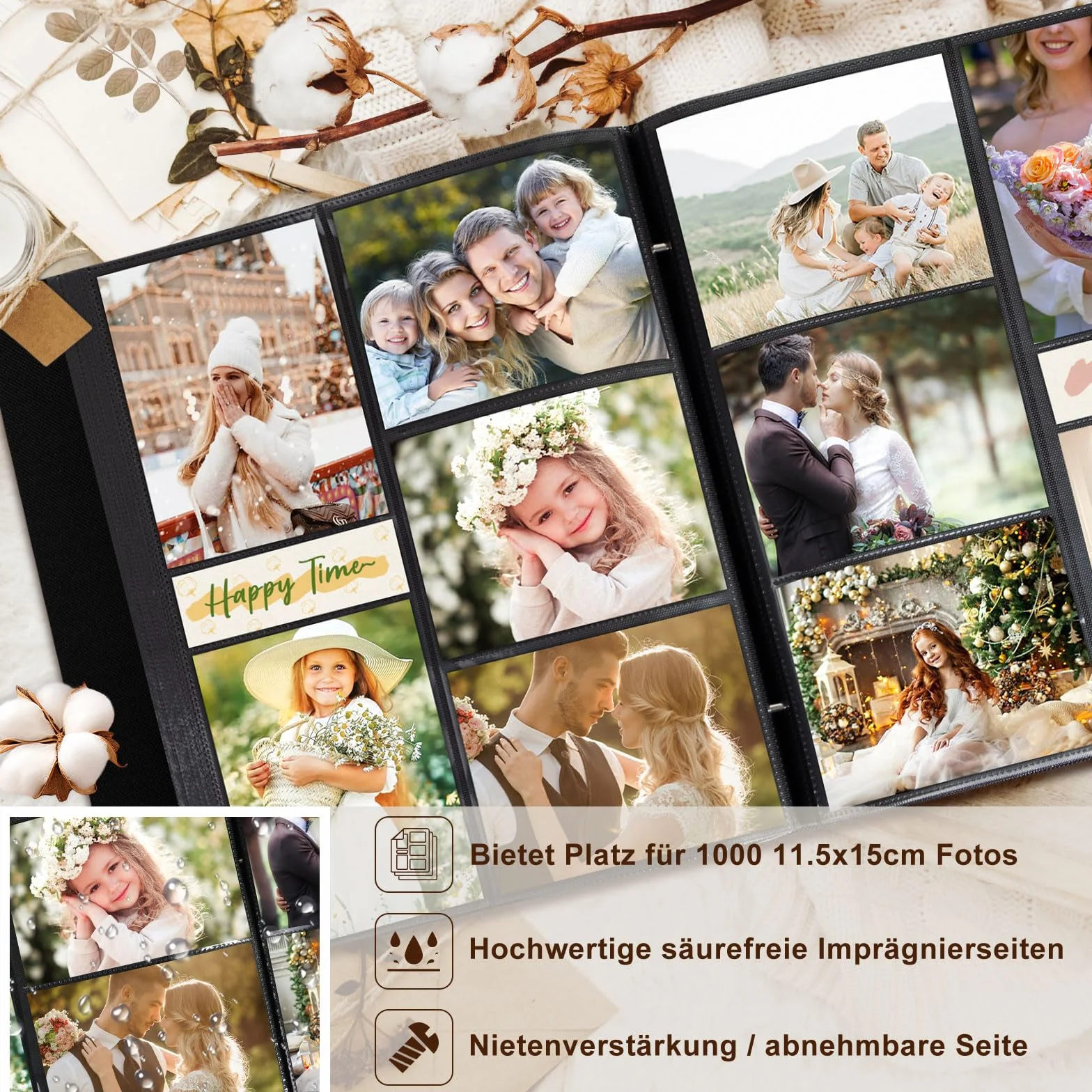 Lanpn Album fotograficzny 11,5 x 15 11 x 15 1000 kieszeni, bardzo duży lniany album do wkładania zdjęć pionowych i poziomych, zielony