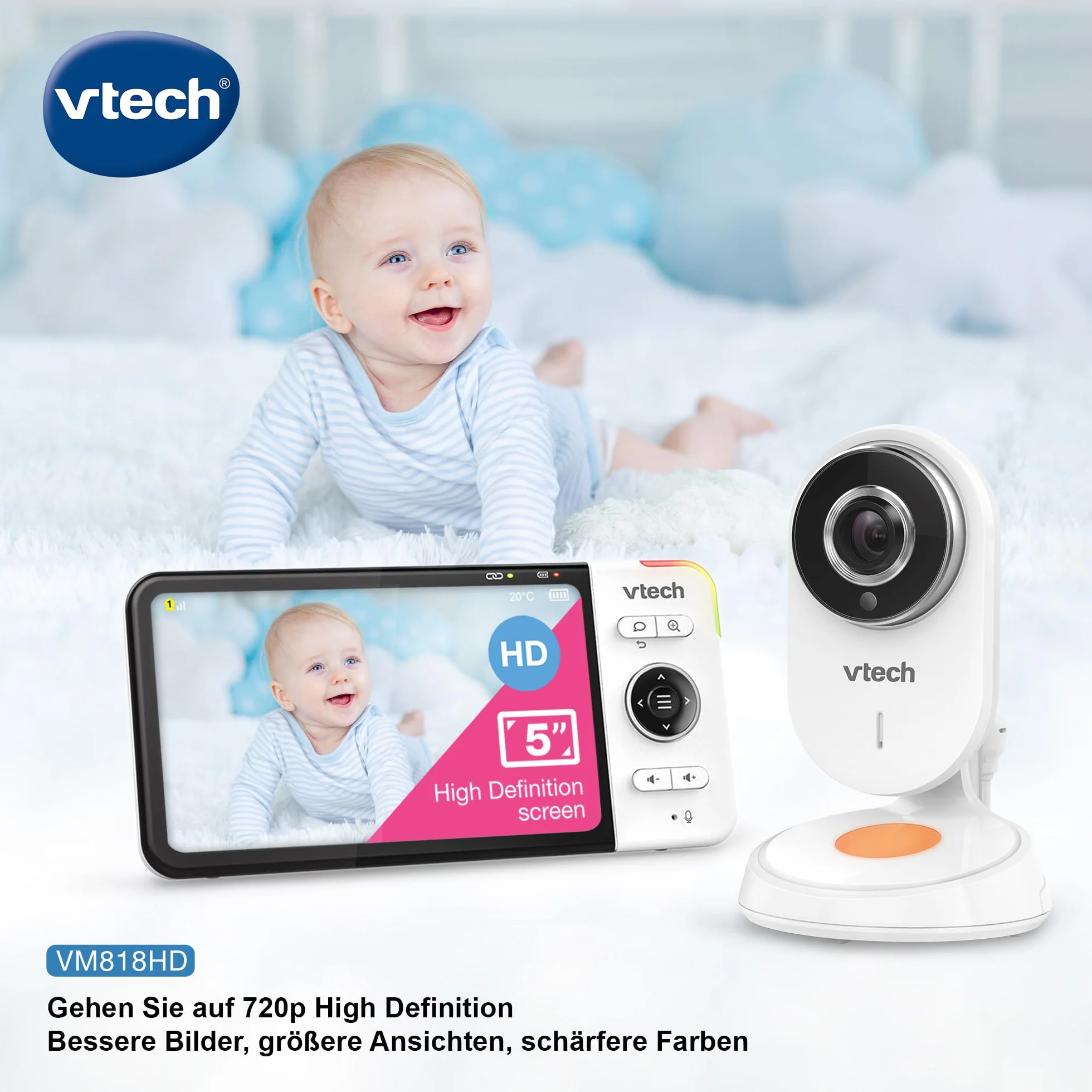 VTech VM818 monitor dla niemowląt HD – niania wideo z kamerą szerokokątną – wideo HD, czysty dźwięk, kolorowy ekran LCD 5" i funkcja widzenia w nocy – z funkcją interkomu, kołysankami i dźwiękami