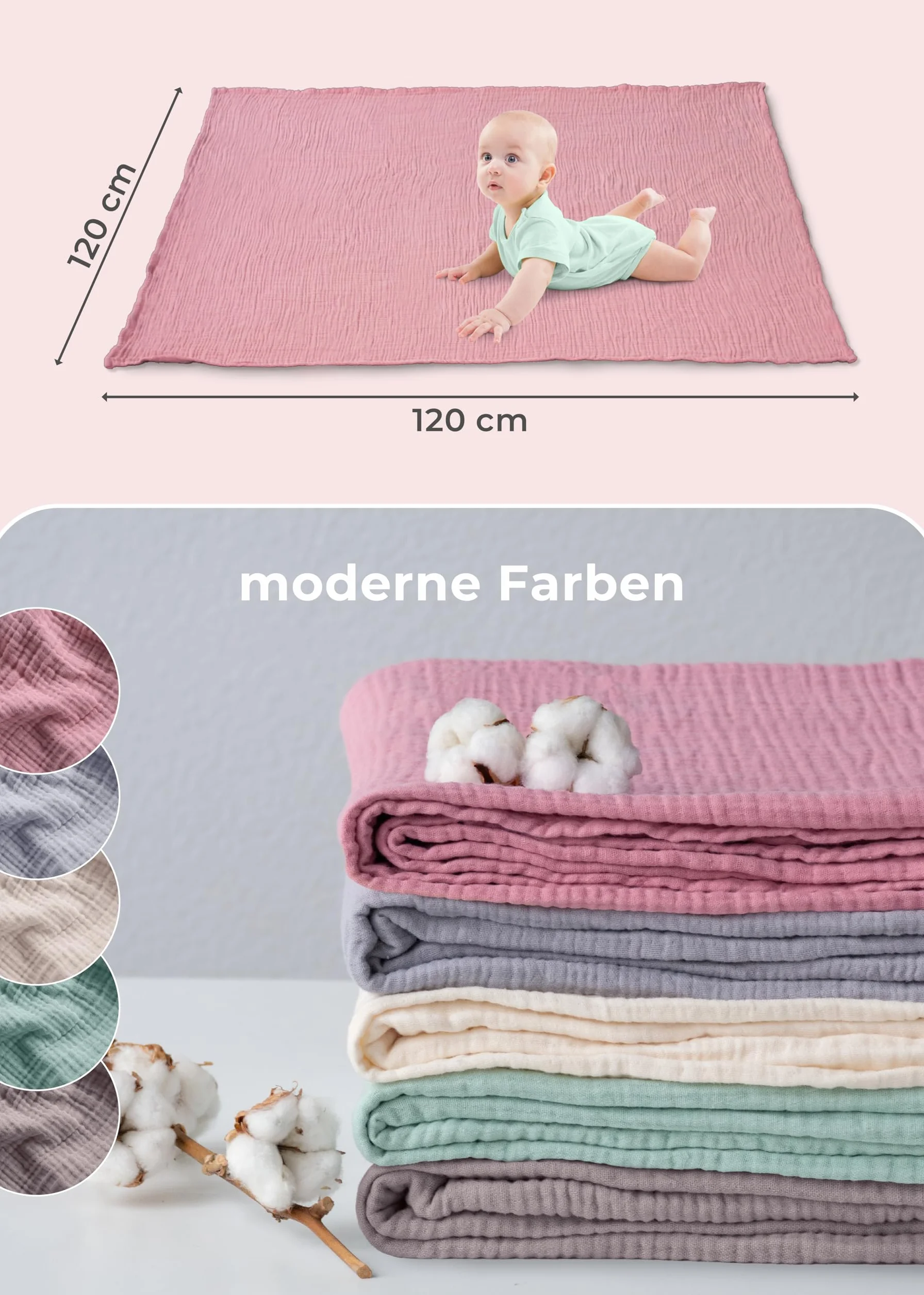 LAYNENBURG Muślinowy kocyk dziecięcy premium 120 x 120 cm – 4-warstwowy koc ze 100% bawełny – Oeko-TEX 100 – koc do wtulania się lub śpiocha, otulacz, śliniaczek dla niemowląt, noworodków i dzieci